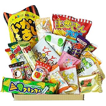 Happy Dagashi Box 20pcs ver.2 Japanese Candy Assortment Umaibo Snack Potato Chip Gumi Squid Chocolate with AKIBA KING Sticker