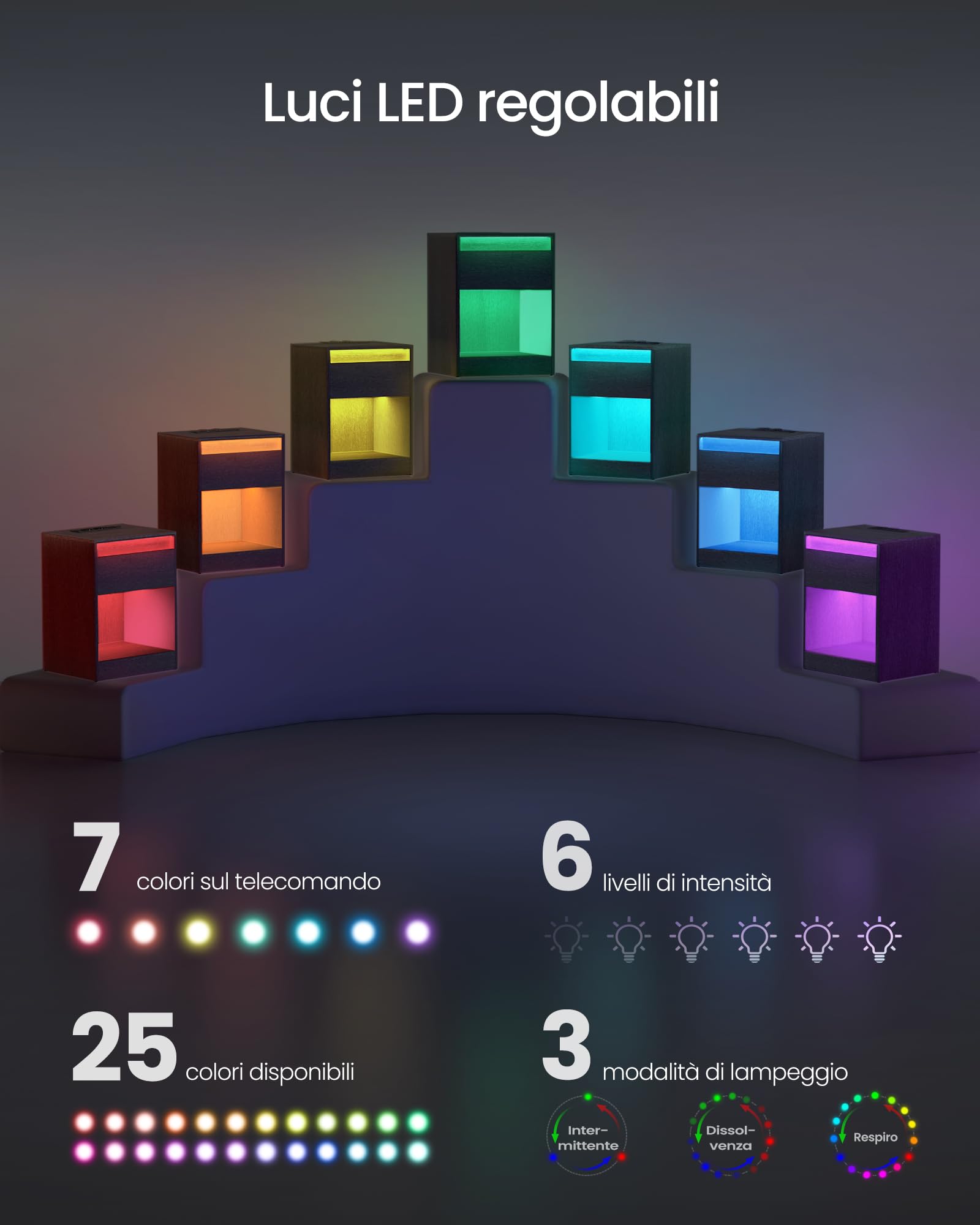 VASAGLE KAILYN Collezione - Comodino a LED con Stazione di Ricarica, Tavolino con Luci LED Regolabili, 2 Prese AC, 2 Porte USB, Moderno, per Camera da Letto Soggiorno, Nero Cenere LET618T22