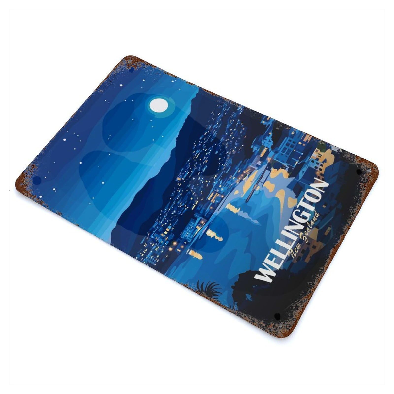 Wellington New Zealand Night Cityscape Rust Effect Tin Sign 11.8"x7.9", for Bistro, Counter And Cafe Decor, Shabby Chic Decor
