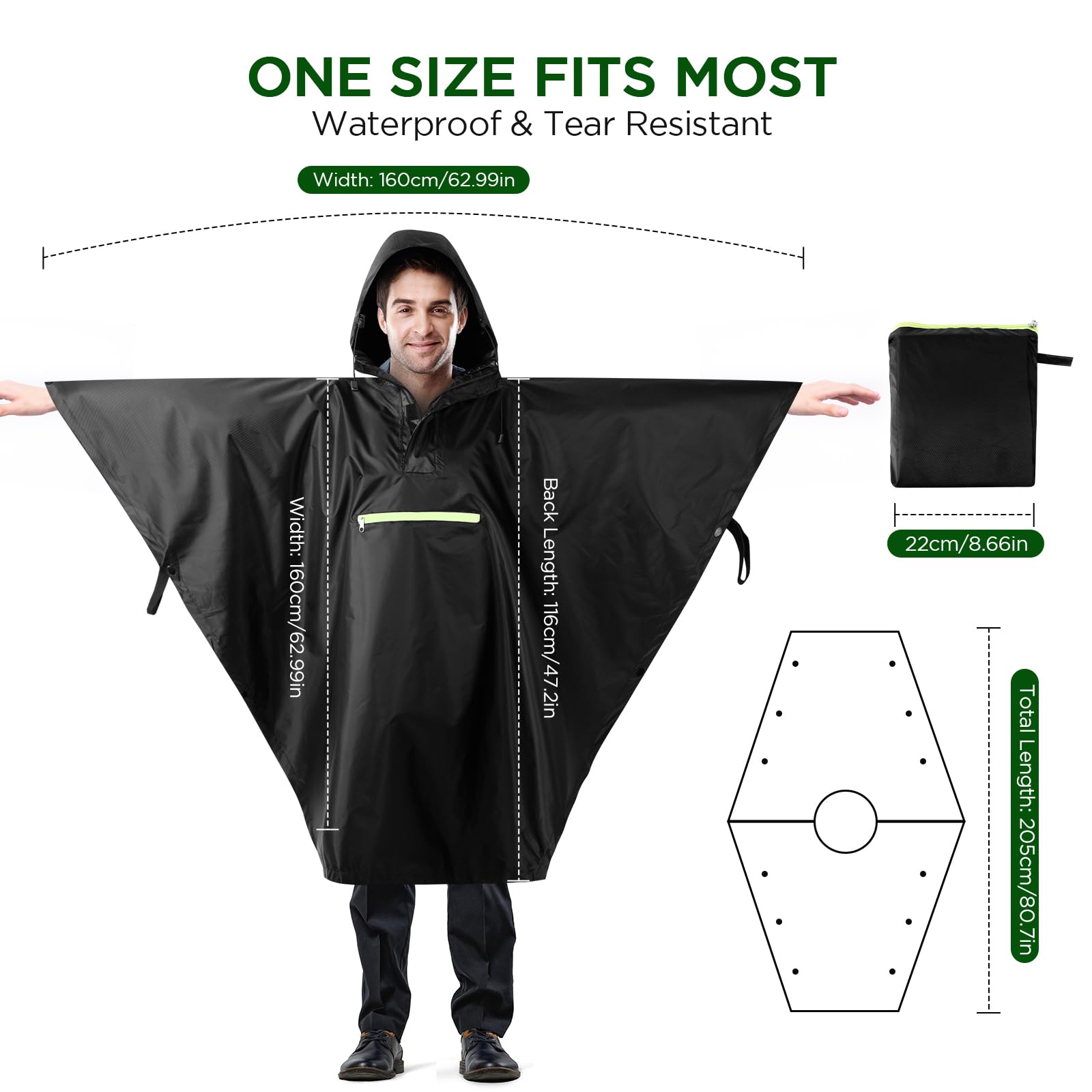 AiQInu Poncho Antipioggia Impermeabile, Leggero e Riutilizzabile, con Cappuccio, Nastro Riflettente e Maniche, per Donna e Uomo, per Attività All'Aperto, Campeggio, Escursionismo, Pesca