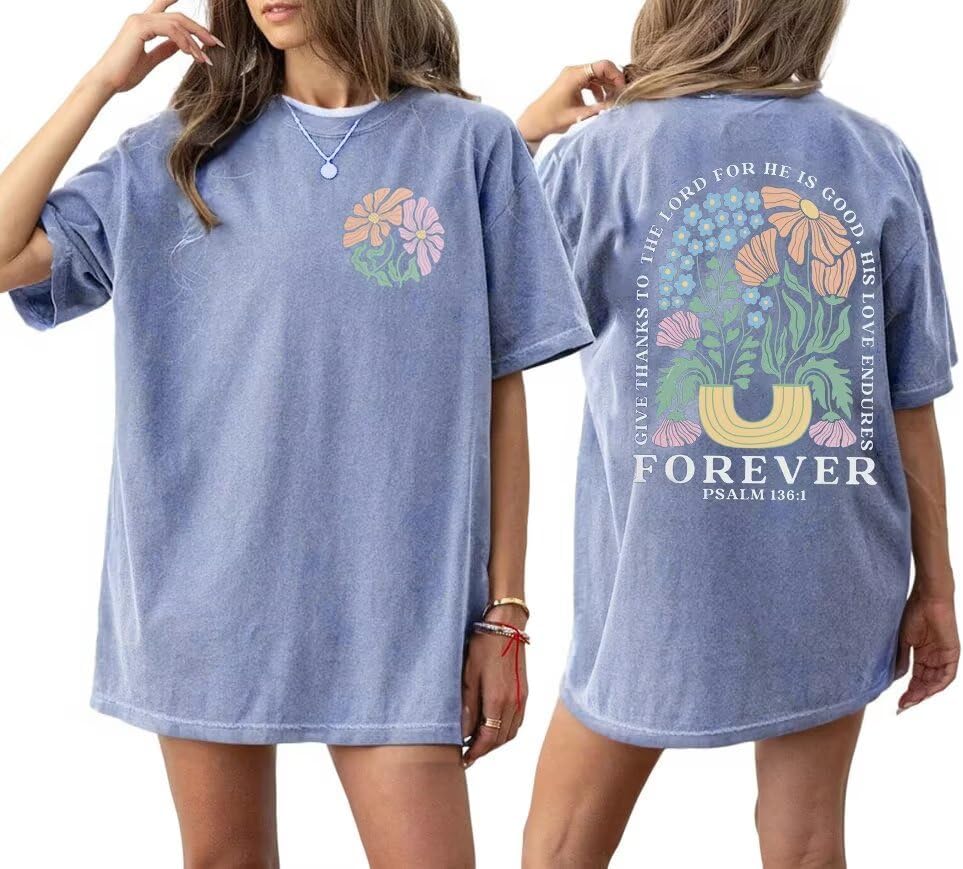 Christian Oversized Shirt for Women Faith Bible Verse Graphic Tee Top Vacation Summer Casual Boho Wildflowers T Shirt