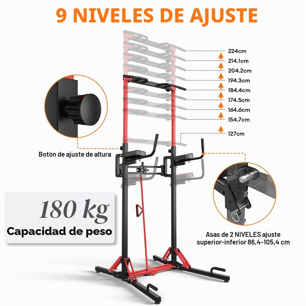 ONETWOFIT Barra de dominadas plegable independiente Power Tower Dip Station, altura ajustable, estación eléctrica 127-224CM multifuncional para el hogar,Ahorro de espacio,desmontable