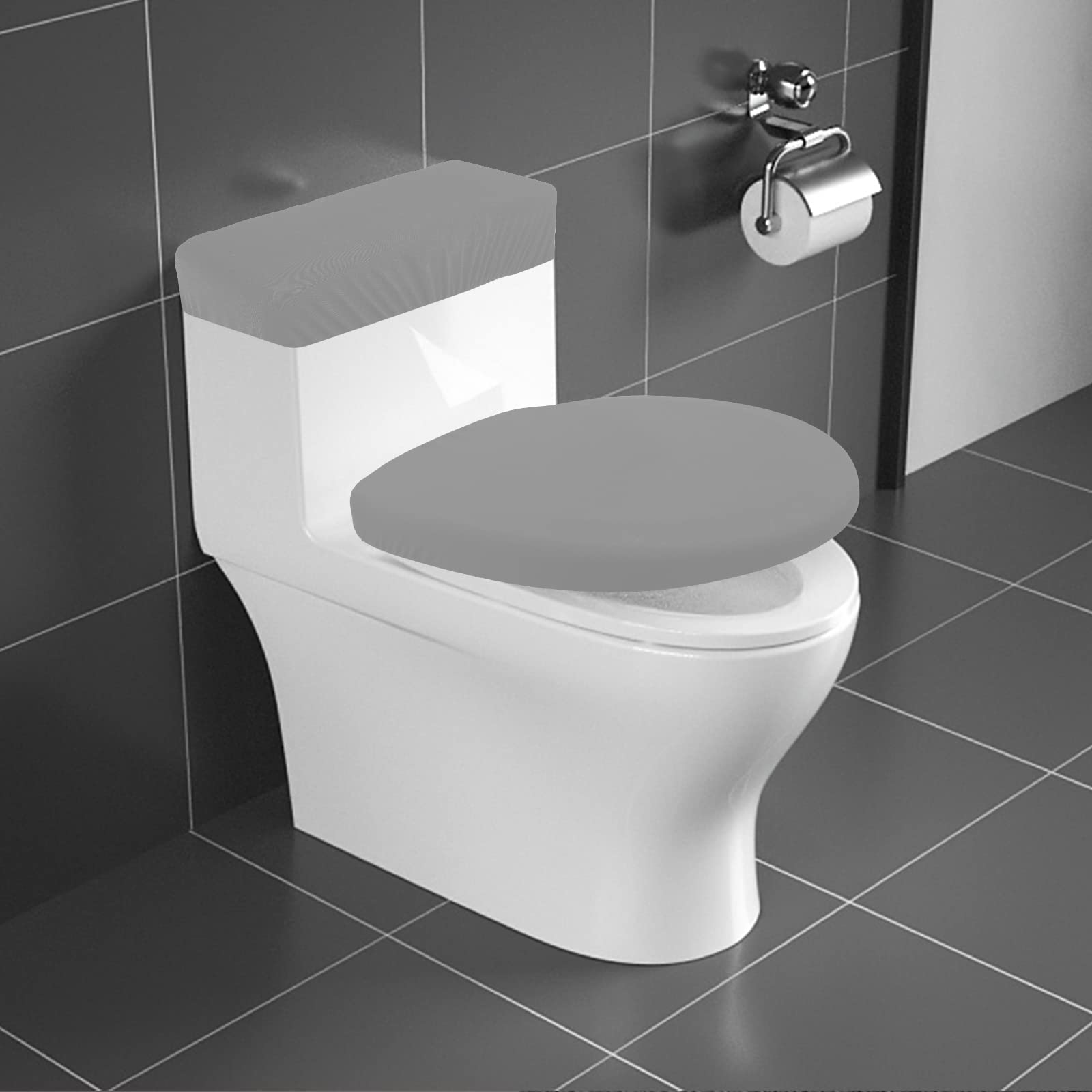 Copriwater e copriwater per WC, set di coprisedili per WC, in tessuto spandex elasticizzato, lavabile, adatto alla maggior parte dei serbatoi e dei coperchi per WC, grigio