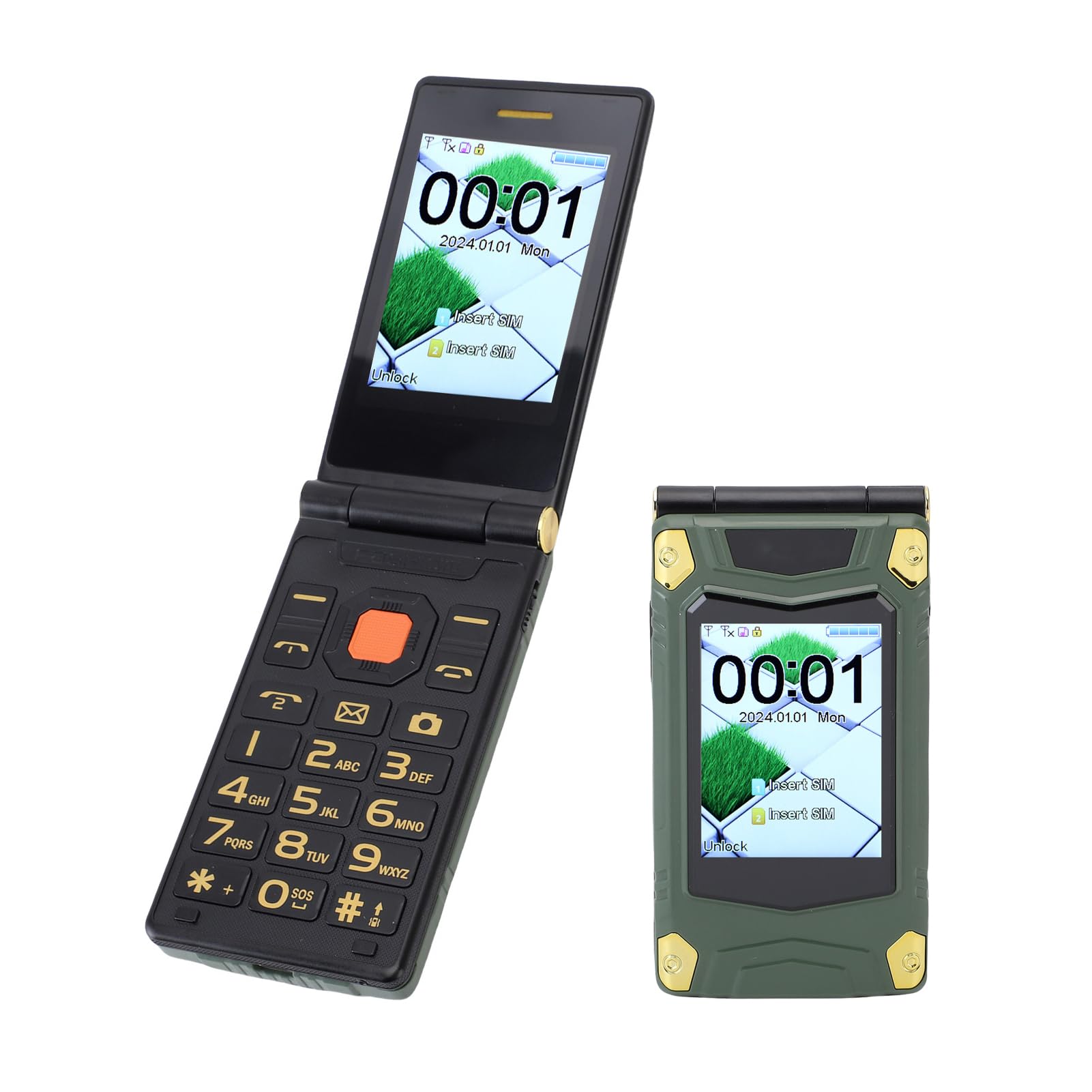 VBESTLIFE 2G Flip Comórkowy Telefon dla Seniorów, 3 -cal i 2,6 -calowy Podwójny Ekran Ultra Cienki Telefon dla Osób Starszych, Odblokowany Telefon Komórkowy z SOS, Dual SIM, 4800 MAh (GREEN)