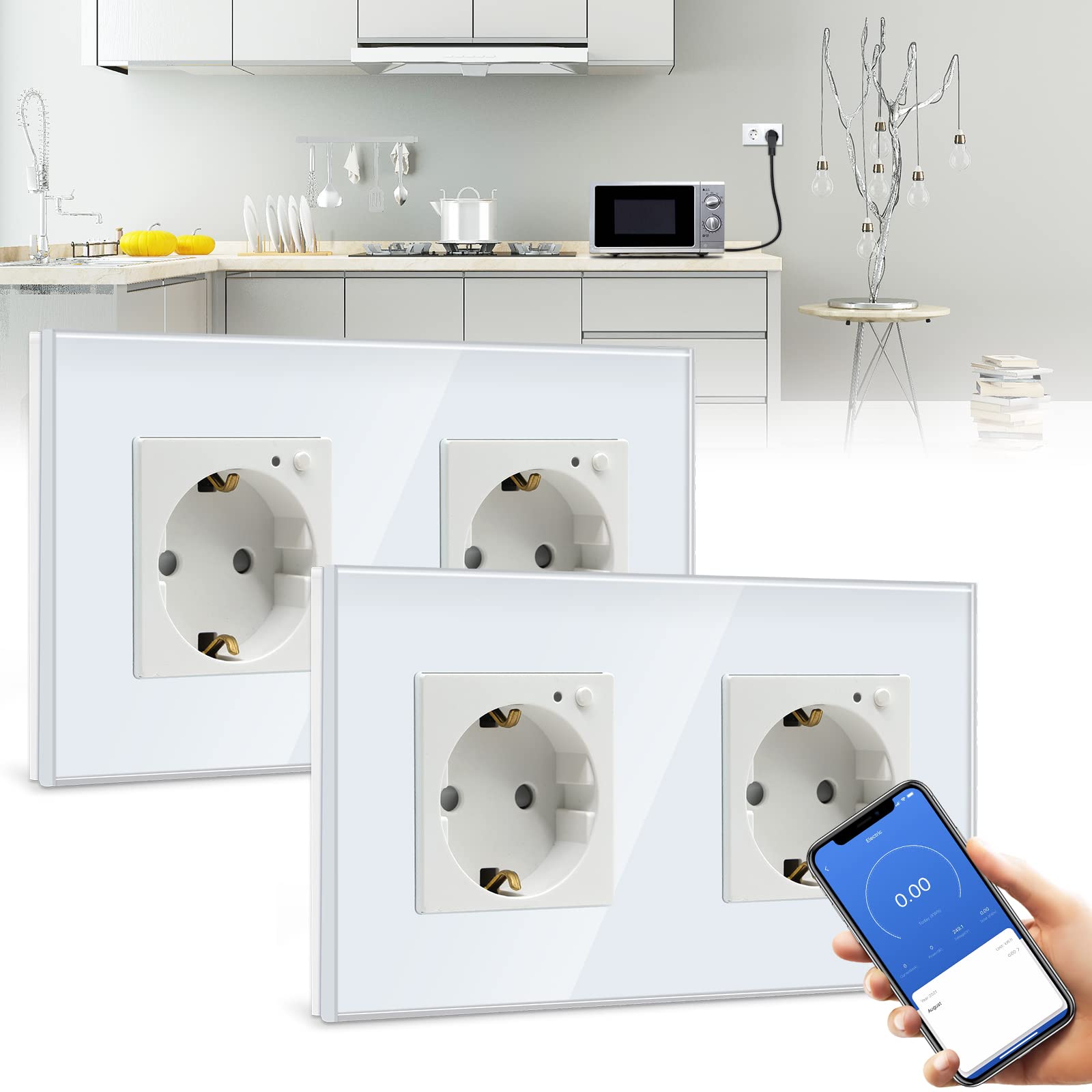 BSEED BSEED Enchufe Doble de Pared WiFi con monitor de consumo de energía,Blanco Schuko Enchufe inteligente Compatible con Alexa y Google Home,Control de APP y Función de Temporizador-2 Paquete