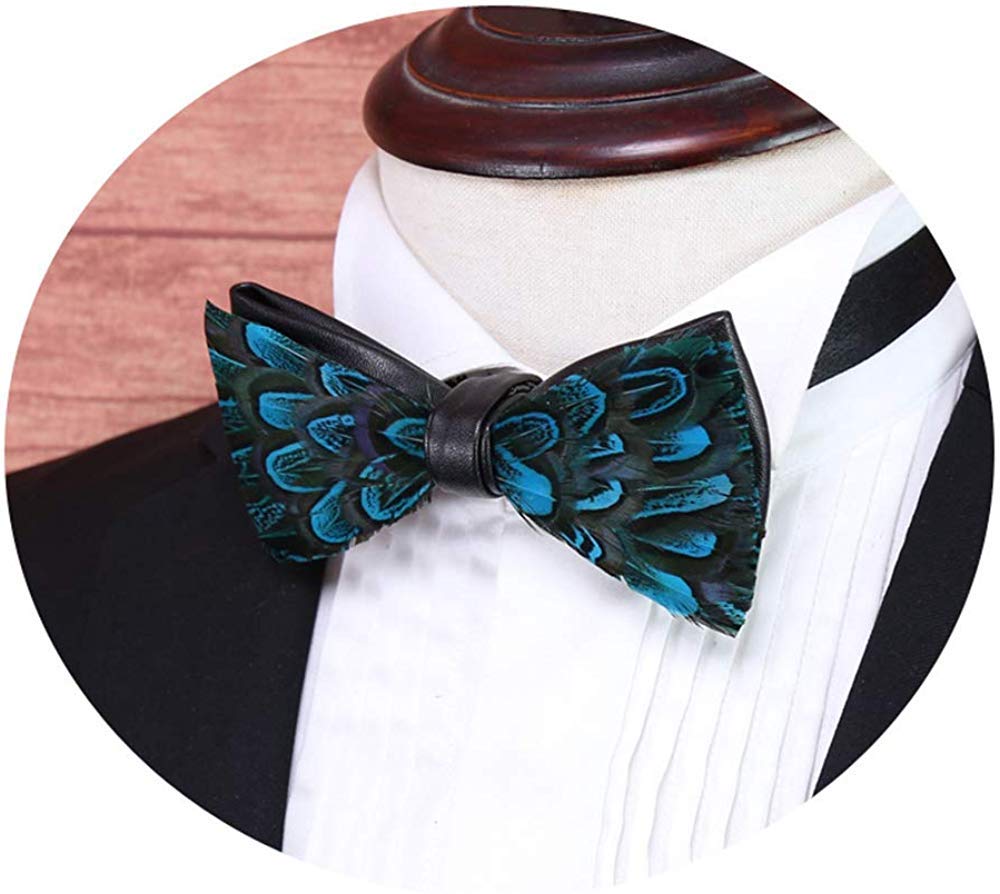 Pre-Tied Peacock Bow Tie Natural Feathers Bowtie Adjustable Length Necktie