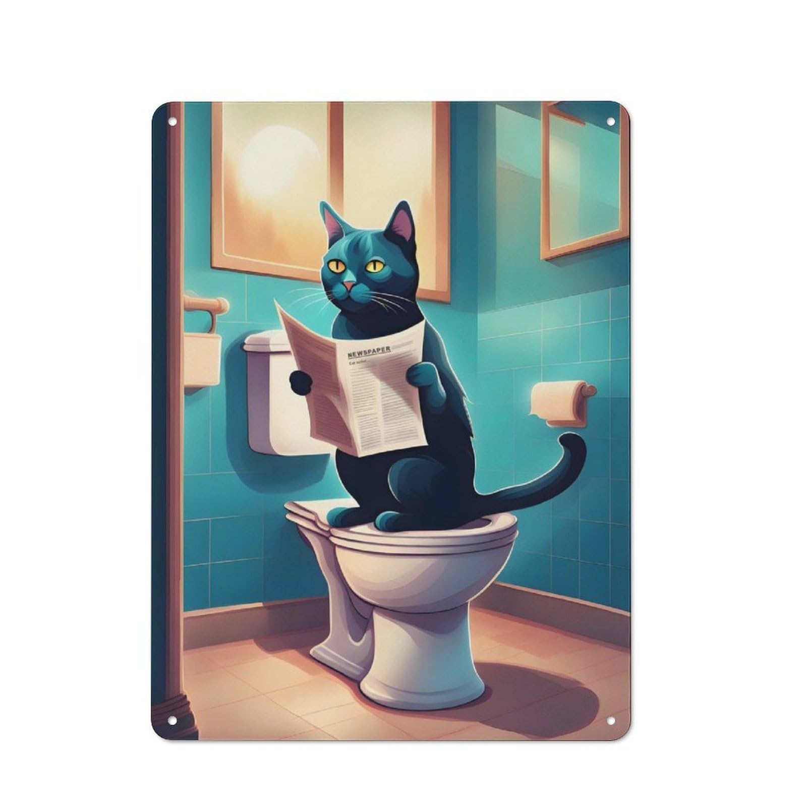 Junmoney Fat Cat Toilet Newspaper Rustic Tin Wall Plaque 40X30cm For Living Room Wall, For Kitchen, Dining Room And Home Bar Wall Decor