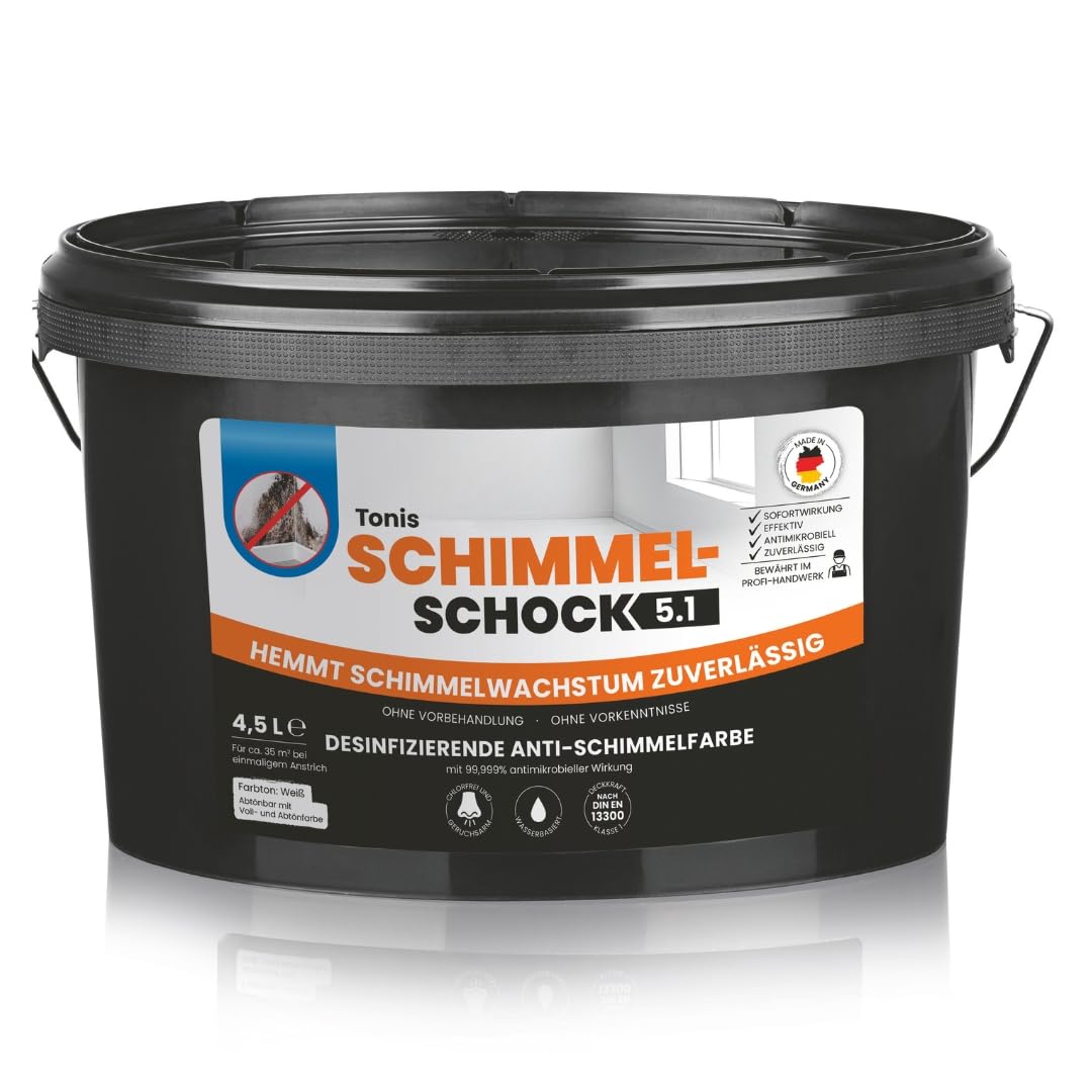 Tonis SCHIMMELSCHOCK Anti-Schimmel-Farbe 4,5 Liter | Effektive antimikrobielle Sofortwirkung, desinfizierende Wandfarbe für ca. 18 m², Schimmel-Stopp aus: Die Höhle der Löwen [weiss, abtönbar]