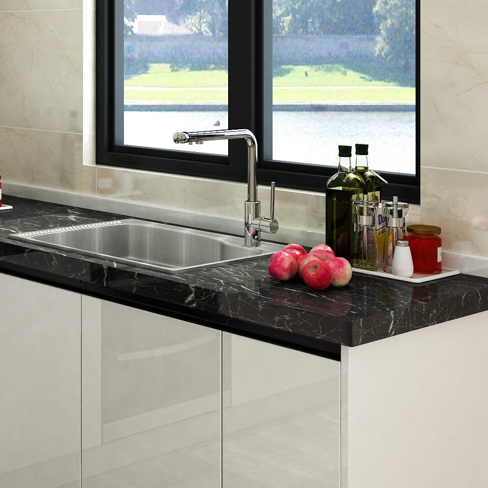 LaCheery 90cm x 400cm Pellicola Adesiva per Mobili Effetto Marmo Nero Carta Adesiva per Mobili Cucina Lavabile Pellicole Adesive Nere Lucida Carta da Parati Autoadesiva Decorazione per Camera da Letto