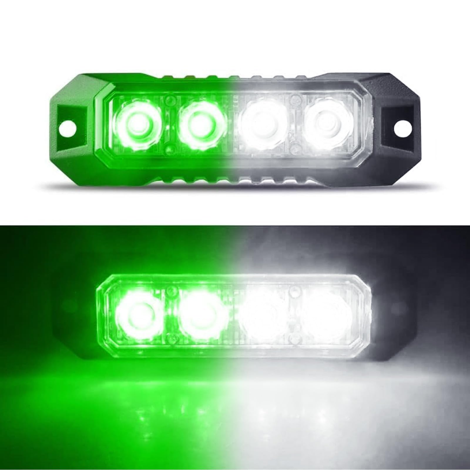 Raryloy 4-LED Sync Feature Ultra Slim Surface Mount Flashing Green White Strobe Lights for Truck Car Vehicle LED Mini Grille Head Emergency Beacon Hazard Warning