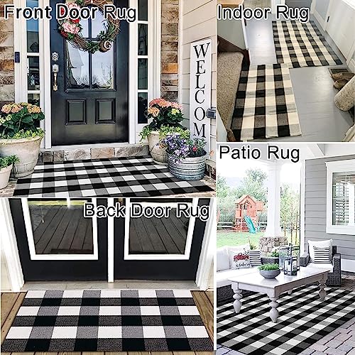 Shacos 4'X6' Buffalo Plaid Rug Washable Indoor Outdoor Black White Buffalo Check Rug Famrhouse Plaid Front Porch Rug Door Mat Woven Cotton Plaid Rug Floor Carpet For Kitchen Entrance #TOP3