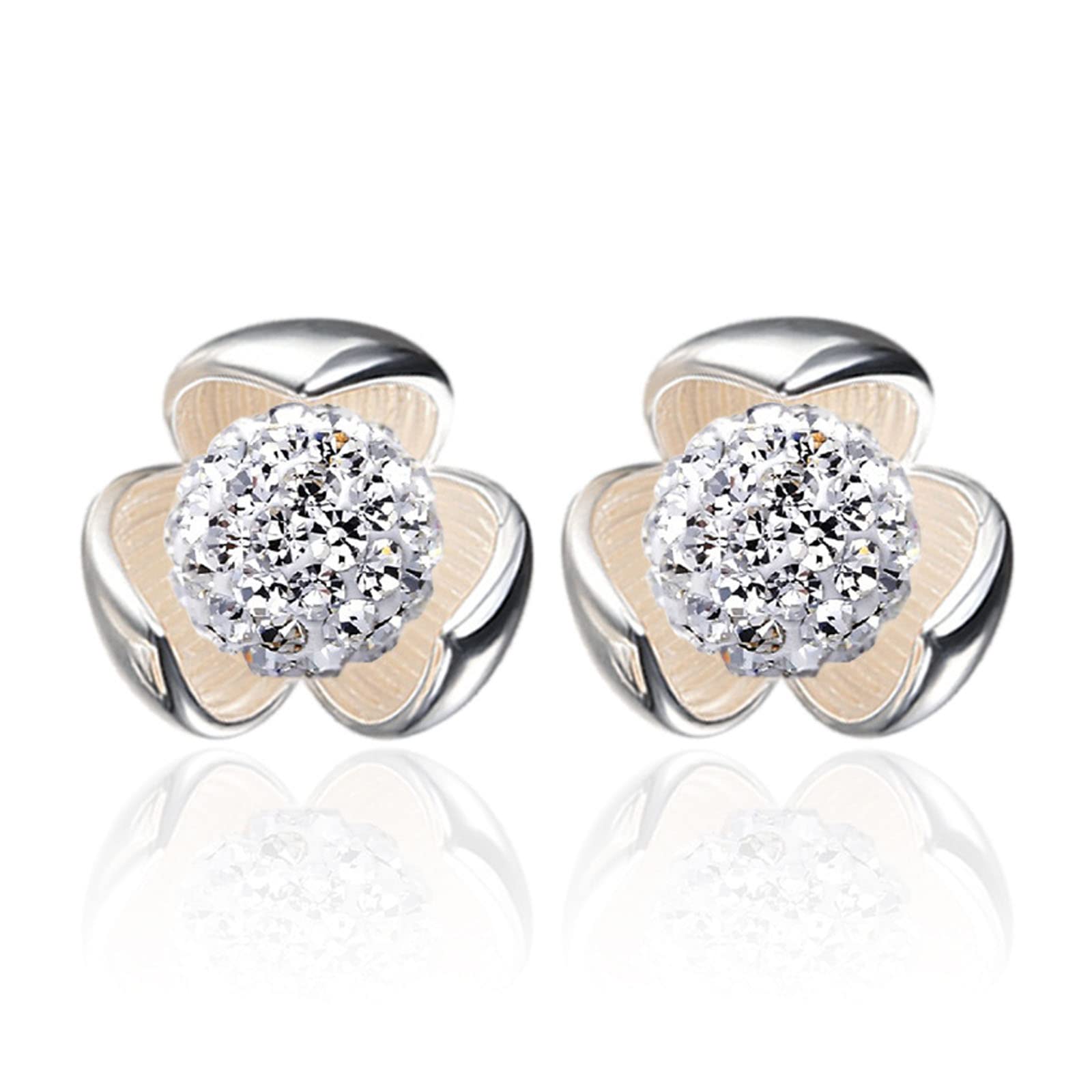 SalandaSilver Plated Lucky Clover Spherical Shape CZ Stud Earrings,White Spherical Cubic Zirconia Earrings Studs,Lucky Cute Earrings Stud,Creative Earrings Women Girls