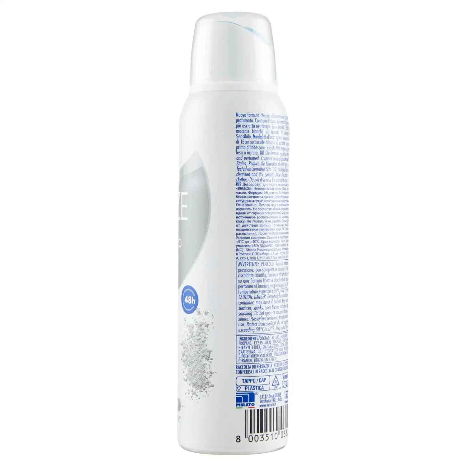 BREEZE Deodorante spray White Minerals, senza macchie sulla pelle, 0% di sali di alluminio 150 ml + 1 confezione di talco Felce Azzurra gratis, 100 g