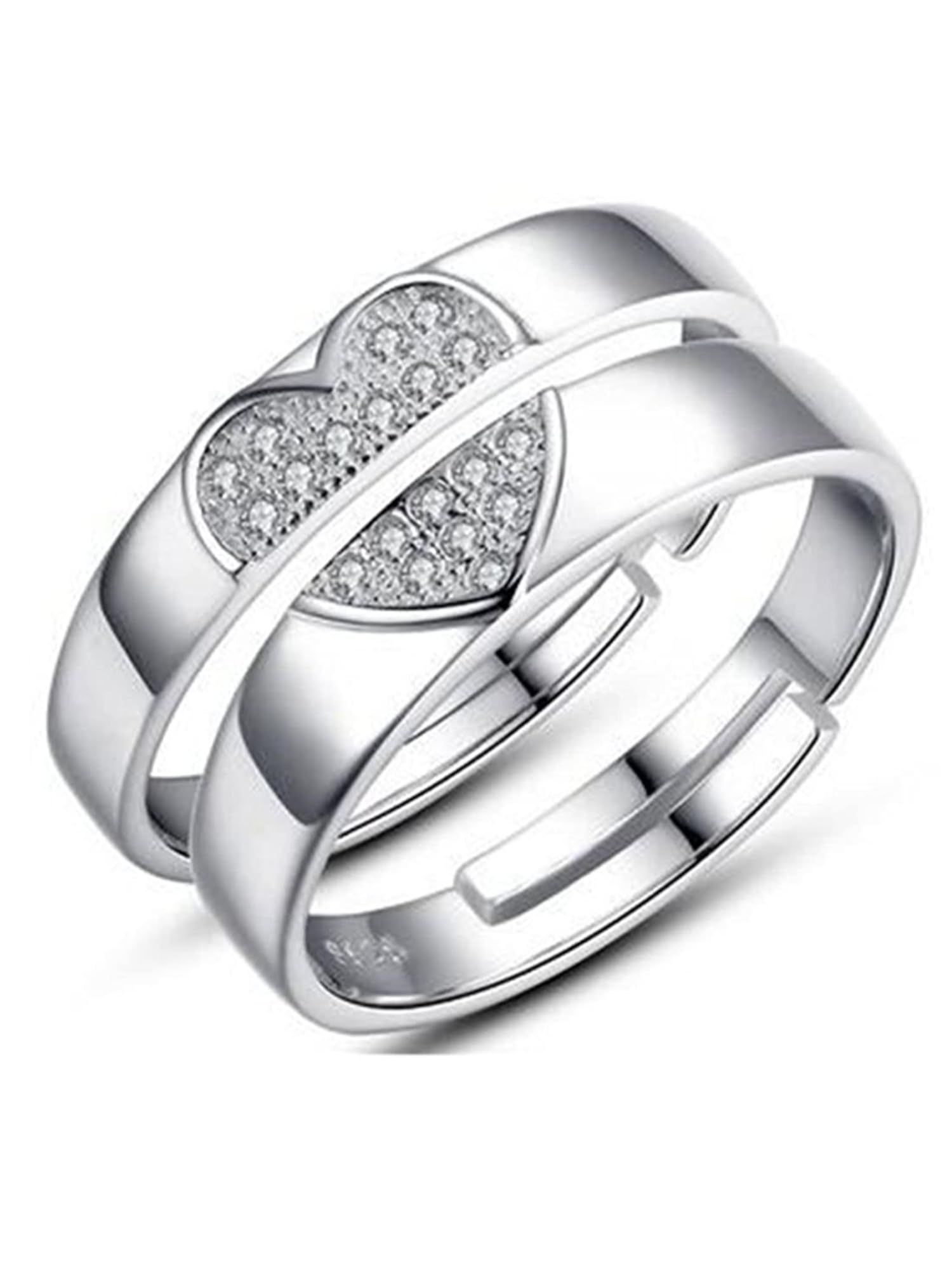 Bohey by KARATCART Luxurious Silver-Tone Heart Shape American Diamond Couple Ring Set-picture-24
