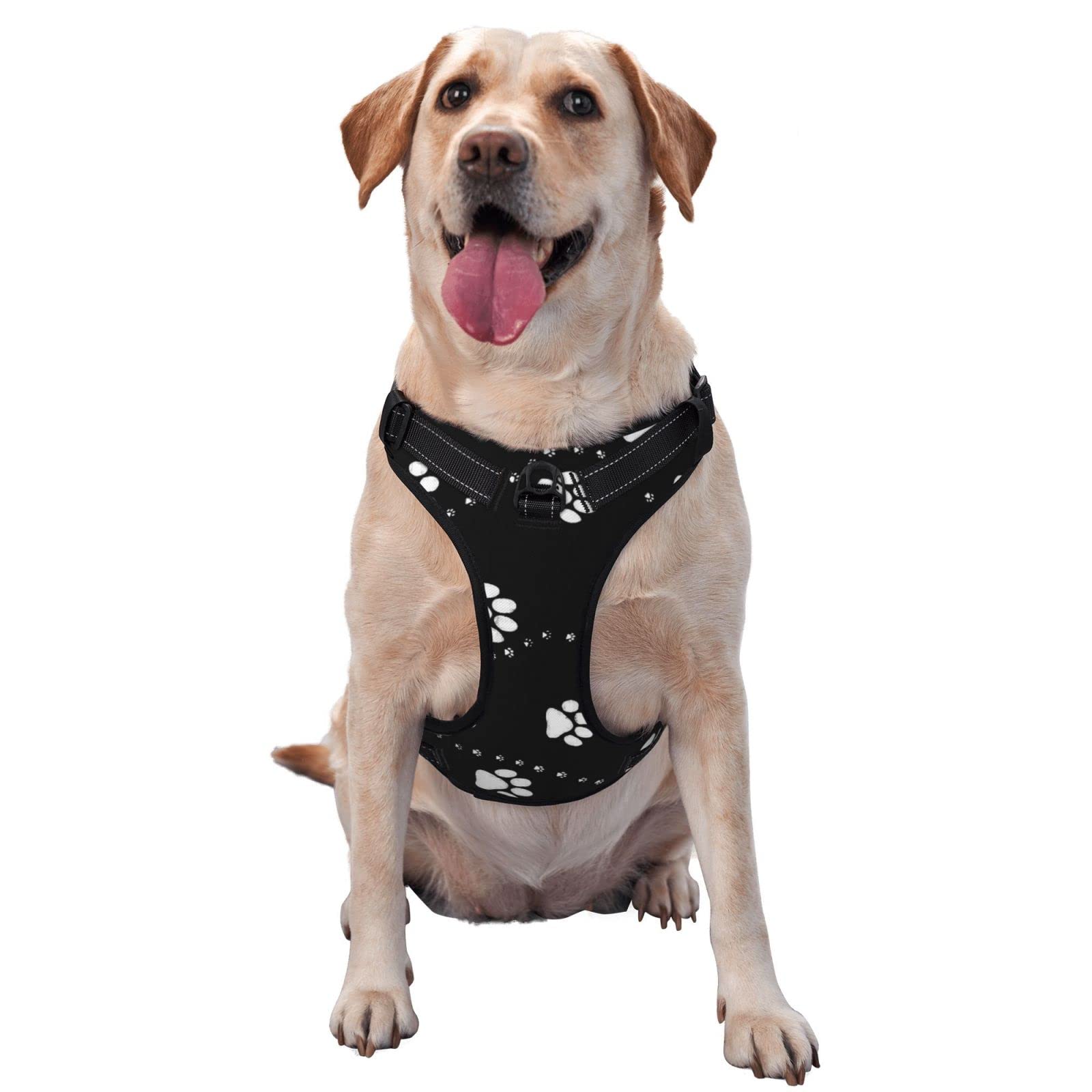 Dog Paw Print Style Black Dog Harness No Pull Walking Pet Harness Adjustable Reflective Oxford Vest with Easy Control Front Clip for Pet Dogs Outdoor — image 1