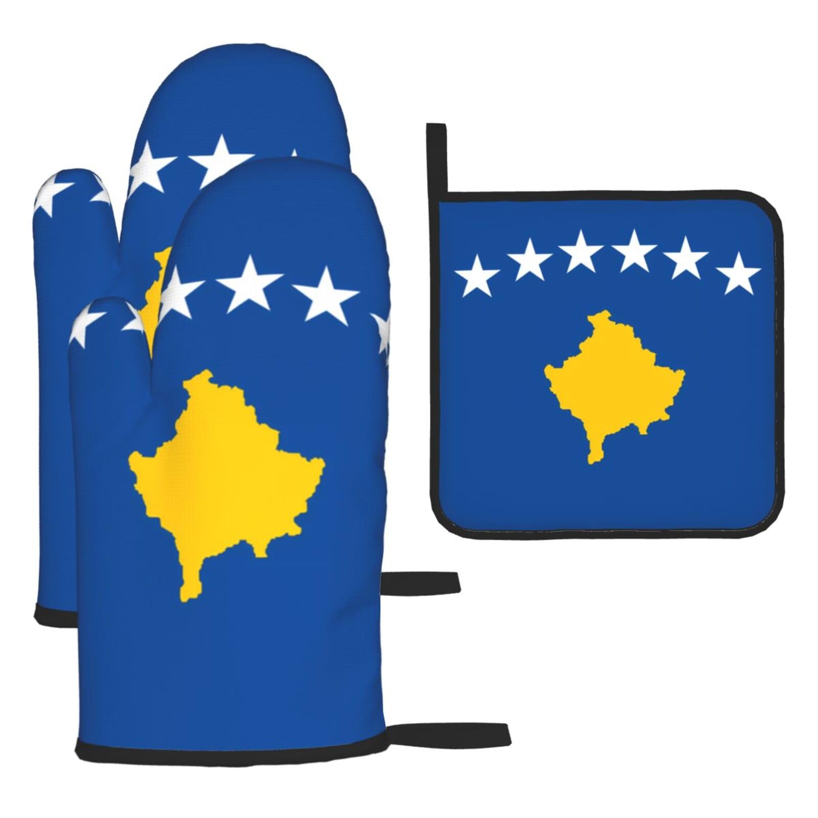 Flag of Kosovo Oven mittens and oven mitts three-piece set suitable for oven, grilling, baking, microwave and home cooking.