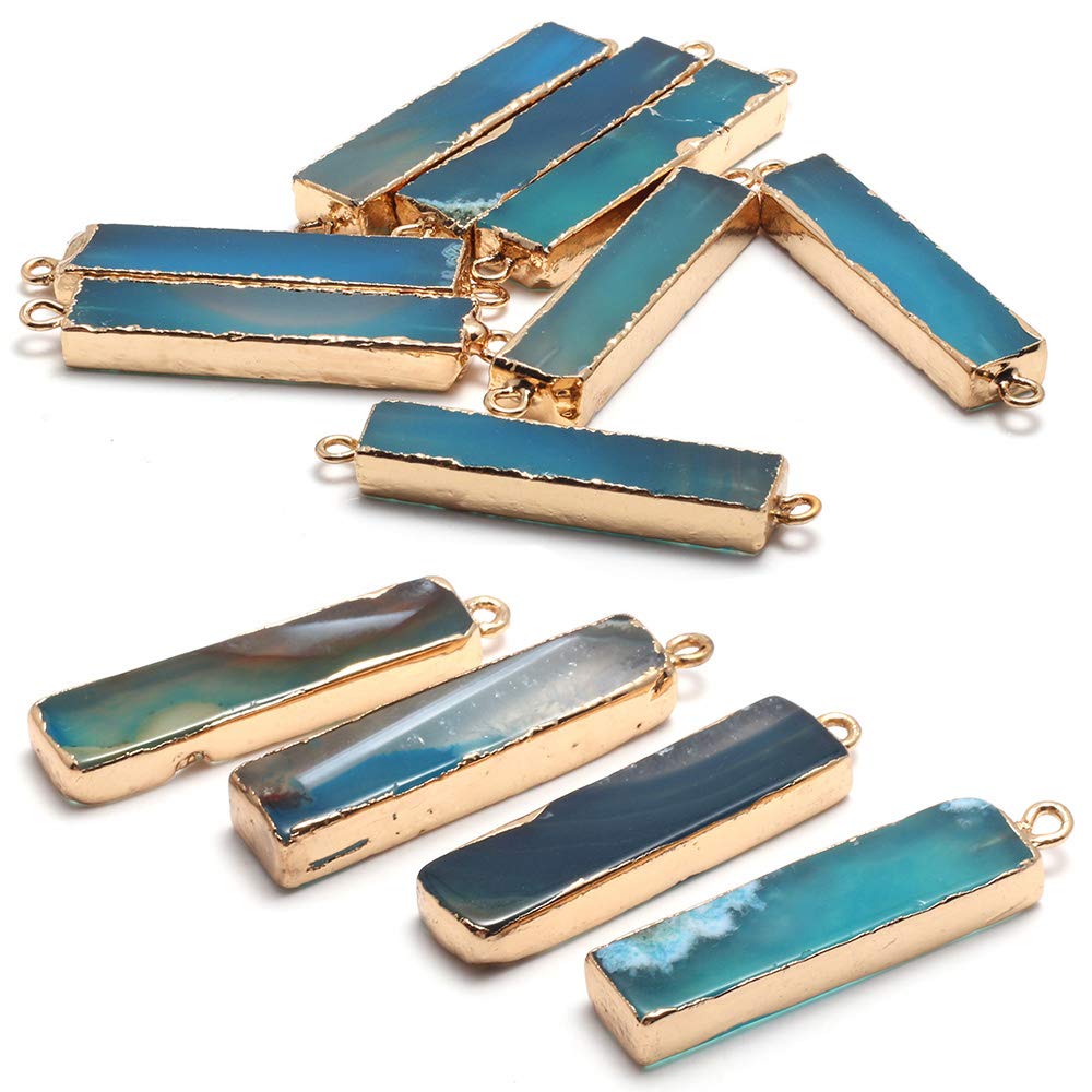 LE SKY natural stone pendants and connectors rectangle bar blue agate gold alloy edging charms for jewelry making 4 Pcs