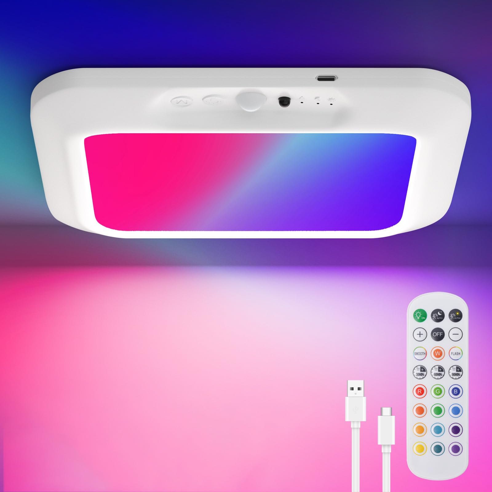 Heatinglux White Rechargeable Motion Sensor Ceiling Light, Wireless Ceiling Light With Remote, Dimmable Cordless Closet Light, Rgb Bathroom Shower Light, Battery Operated Wall Lights For Bathroom,Porch,Pantry