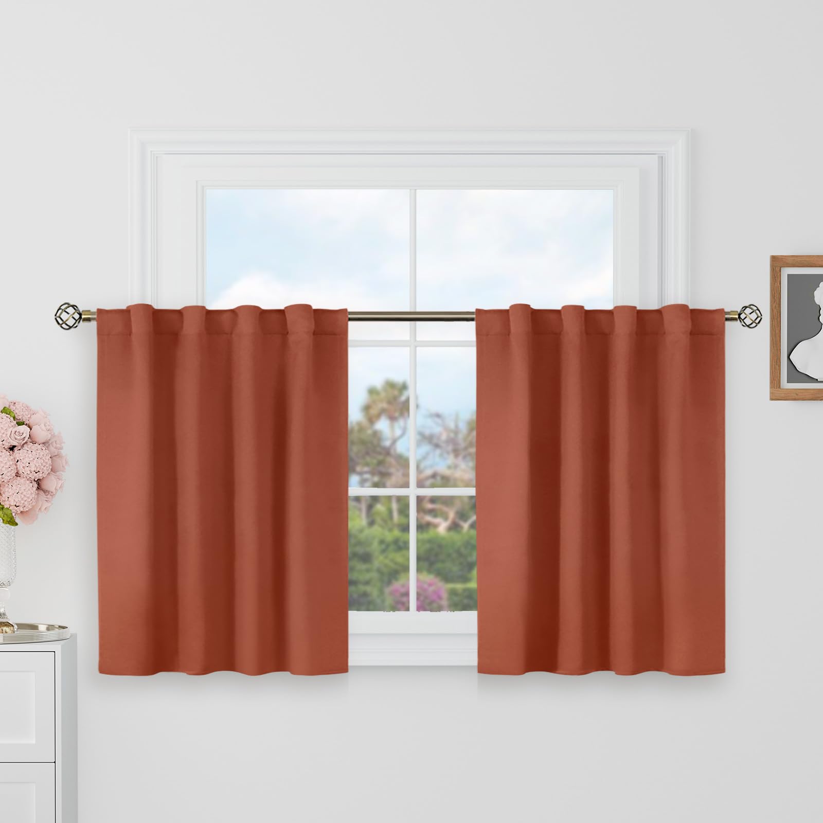 BGment Terracotta Blackout Curtains 30 Inch Length for Half Windows - 34 x 30 inch Short Curtains Rod Pocket and Back Tab Fall Decor Thermal Insulated Room Darkening Drapes for Cafe, 2 Panels — image 1