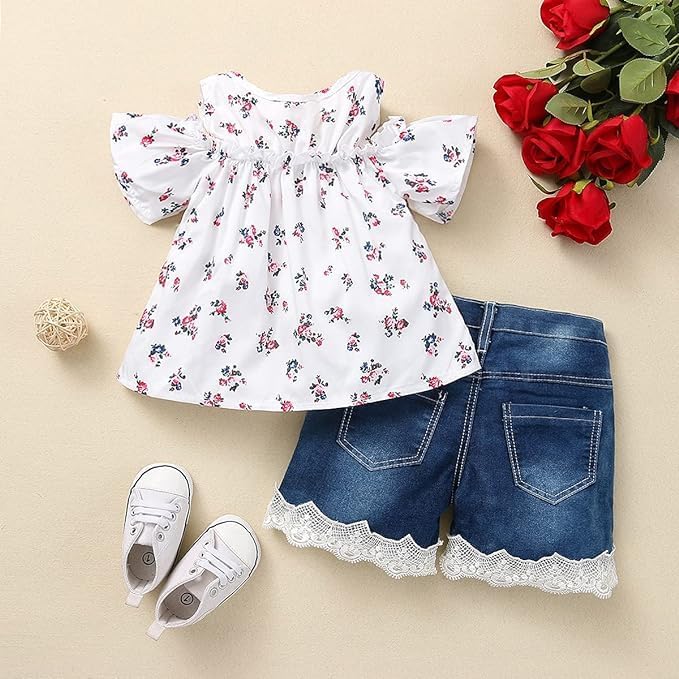 Toddler Baby Girls Clothes Outfit Summer Ruffled Off Shoulder Short Sleeve Floral Shirts Tops Denim Shorts Set3