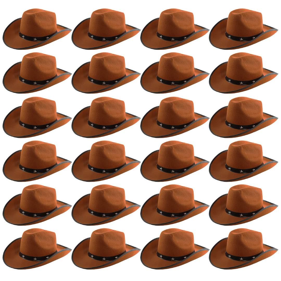 Adults Star Studded Cowboy Hat - Pack of 24 - Brown Felt Western Style Hat with Decorative Star Studs - Classic Wild West Fancy Dress Costume Accessory for Parties Festivals Cosplay Cowgirl Events