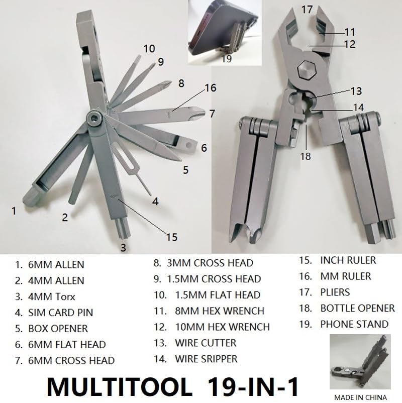 Miniatura 5 de Multitool - Herramienta de bolsillo 19 en 1 con soporte para teléfono, cortador de alambre, abrebotellas, alicates, llave hexagonal, pasador de