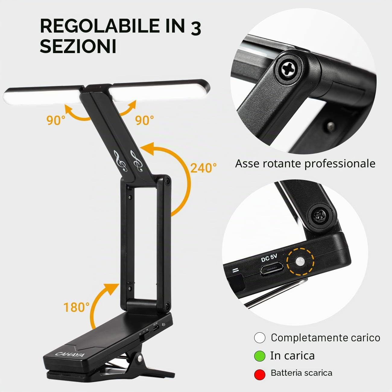 CAHAYA Lampada LED per Leggio Clip-On Ricaricabile Luce per Leggio Musicale con Pinza 10 LED Luminoso Luce Pieghevole Senza Filo Portabile 2 Modalità Dura 6 Ore Modello CY0240