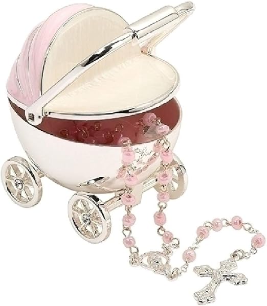 Roman Baptism Pink Baby Carriage Keepsake Box with Rosary, Baby Girl Baptism Gift, Baptized in God, Christening Keepsake