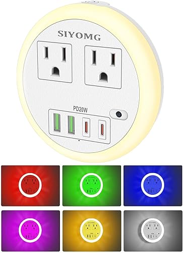SIYOMG Extensor de salida con luz nocturna, divisor de salida múltiple con 4 puertos USB (PD - tipo C 20 W), cargador de pared mini regleta de