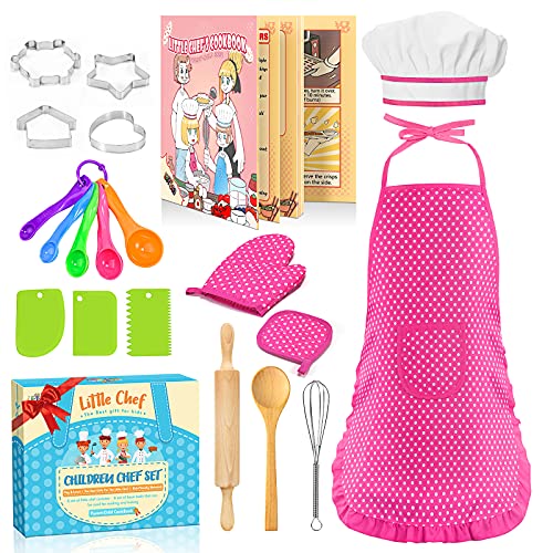 Kids Baking Sets for Girls, 20Pcs Set Kids Aprons for Girls Toys for 3-6 Year Old Boys Girls Cooking and Baking Set for Little Girls Chef Gifts for 2 Year Old Girls Stocking Stuffers for Girls - Red