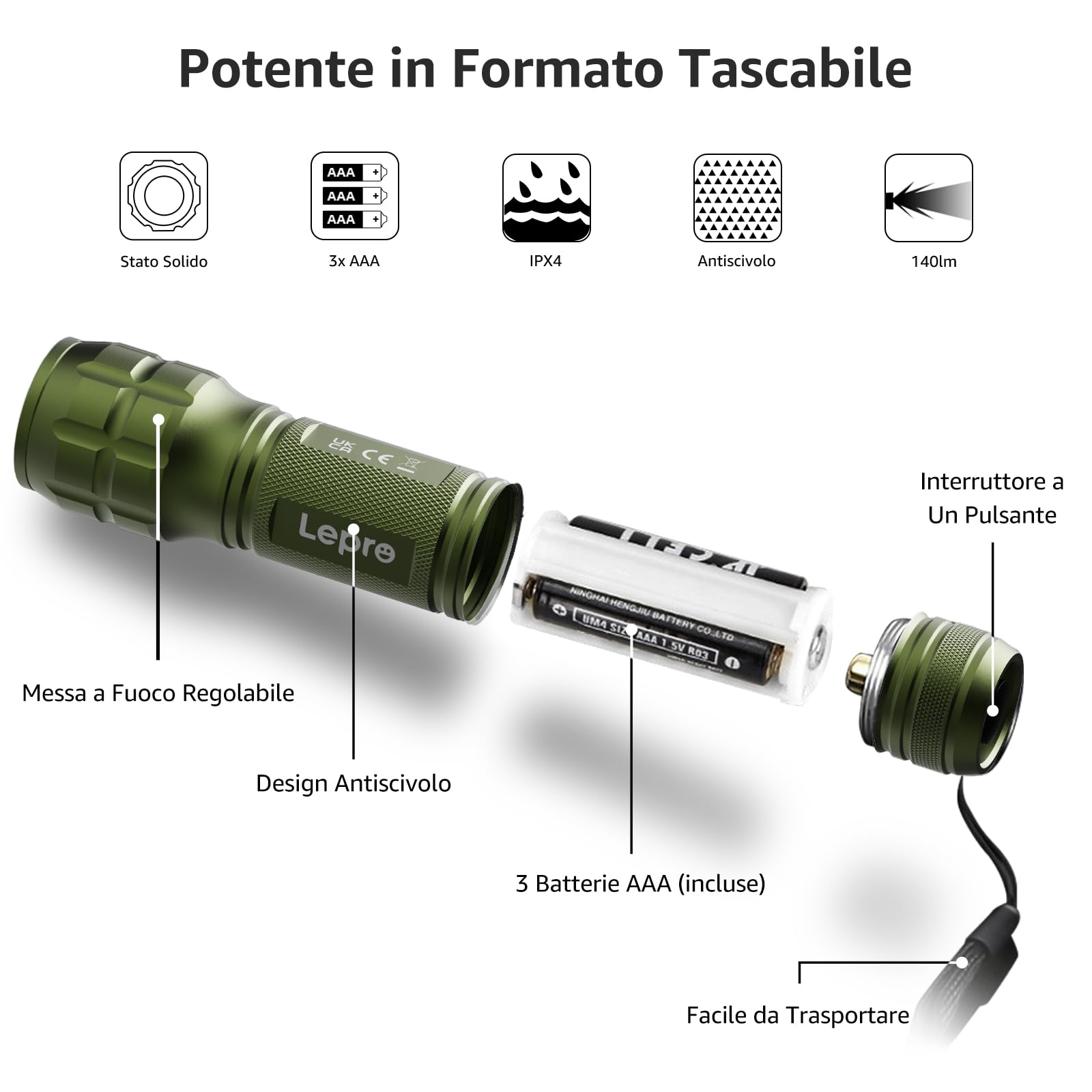 LE Torcia LED Potente Professionale LE1000,Torcia Scout da Impermeabile IPX4 da Pila LED,Torcia Tattica Militare Zoomabile,Adatta per Campeggio Emergenza Bambini,Verde 2 Pezzi (6 Batterie AAA Incluse)