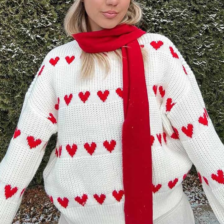 Women Heart Print Sweaters Crewneck Loose Fit Knit Pullover Casual Sweater Tops - Image 2