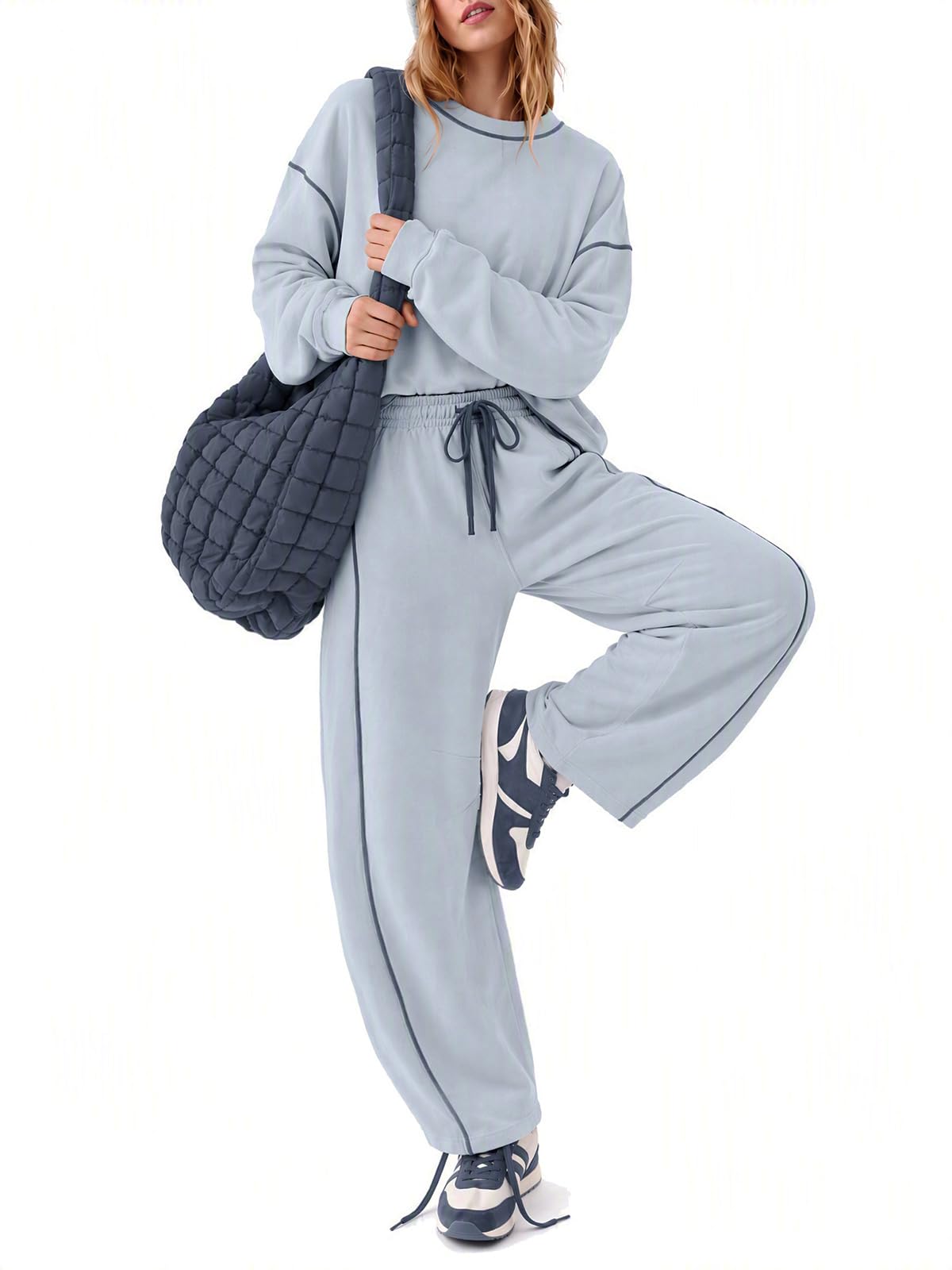 EXLURA Women Fall Cotton 2 Piece Sets Side Split Tops Matching Barrel Pants