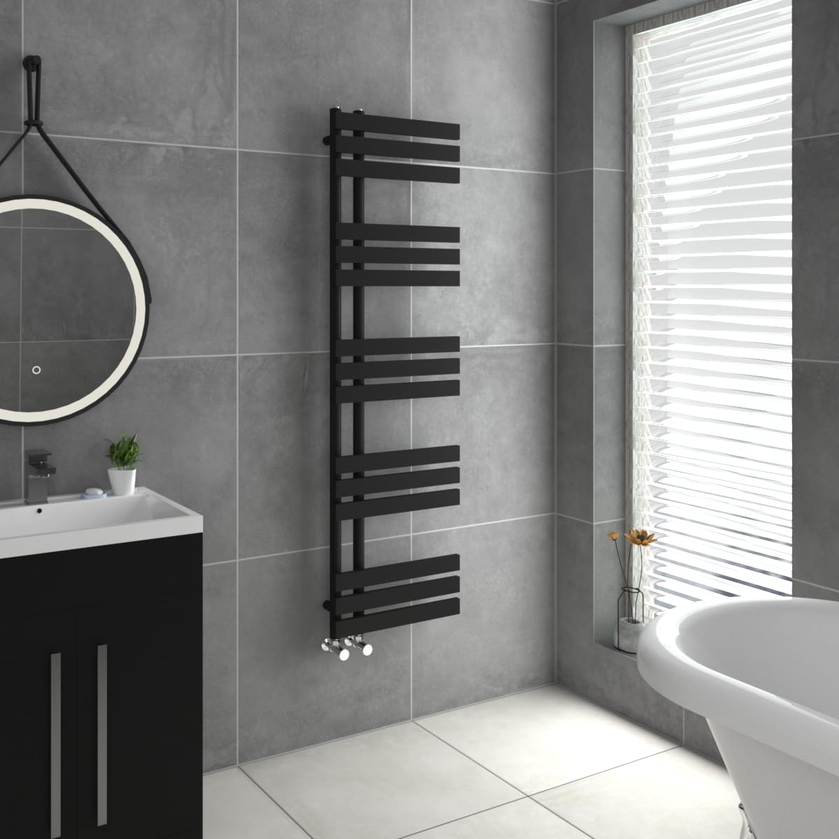 Warmehaus Black Designer Heated Towel Rail D Shape Bathroom Ladder Style Radiator Warmer Central Heating 1600X450mm