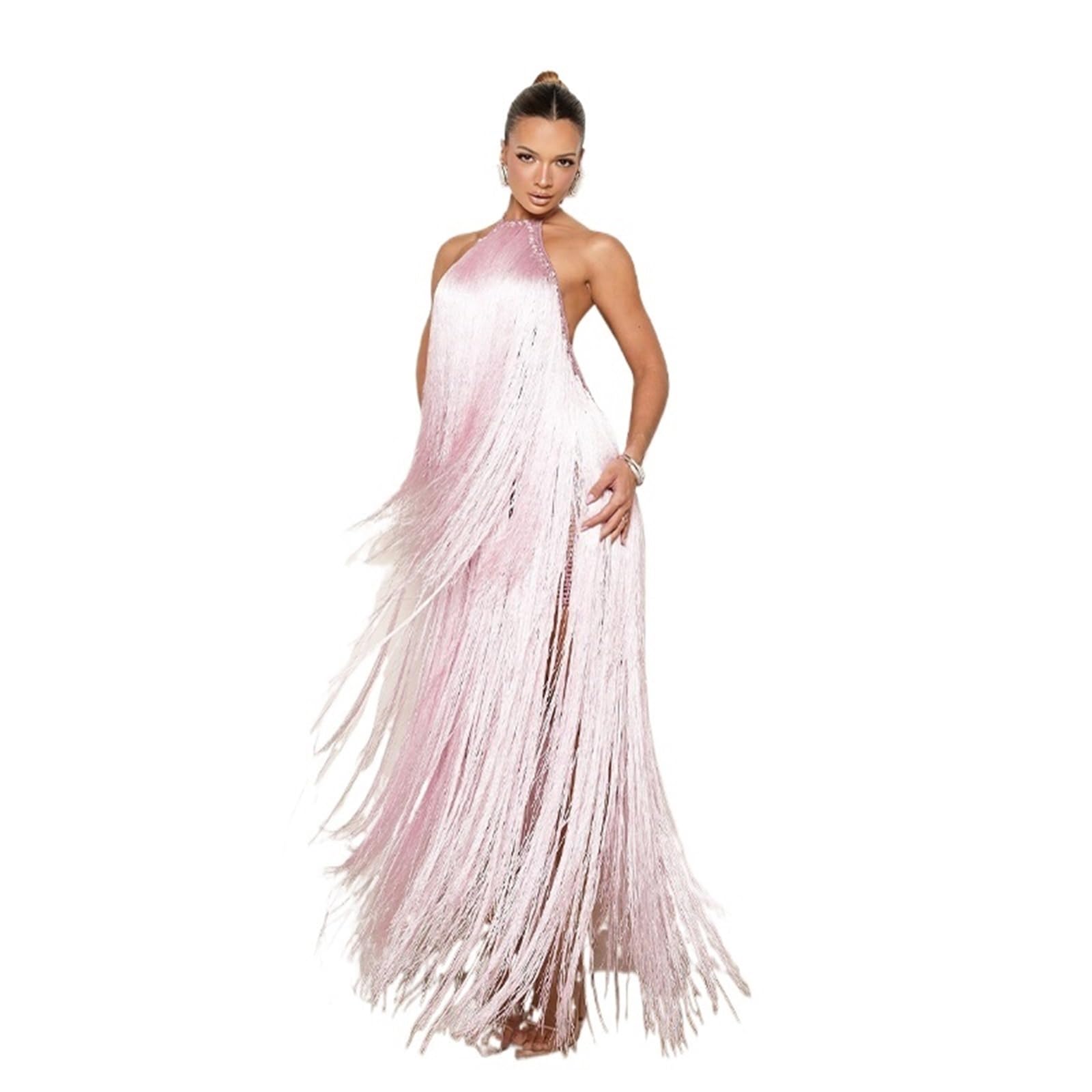 LXHZSY Tassel Dress Halter Tassel Long Dress Sexy Off Shoulder Sleeveless Evening Elegant Solid Color Swing Women's Party Dresses(Color16)
