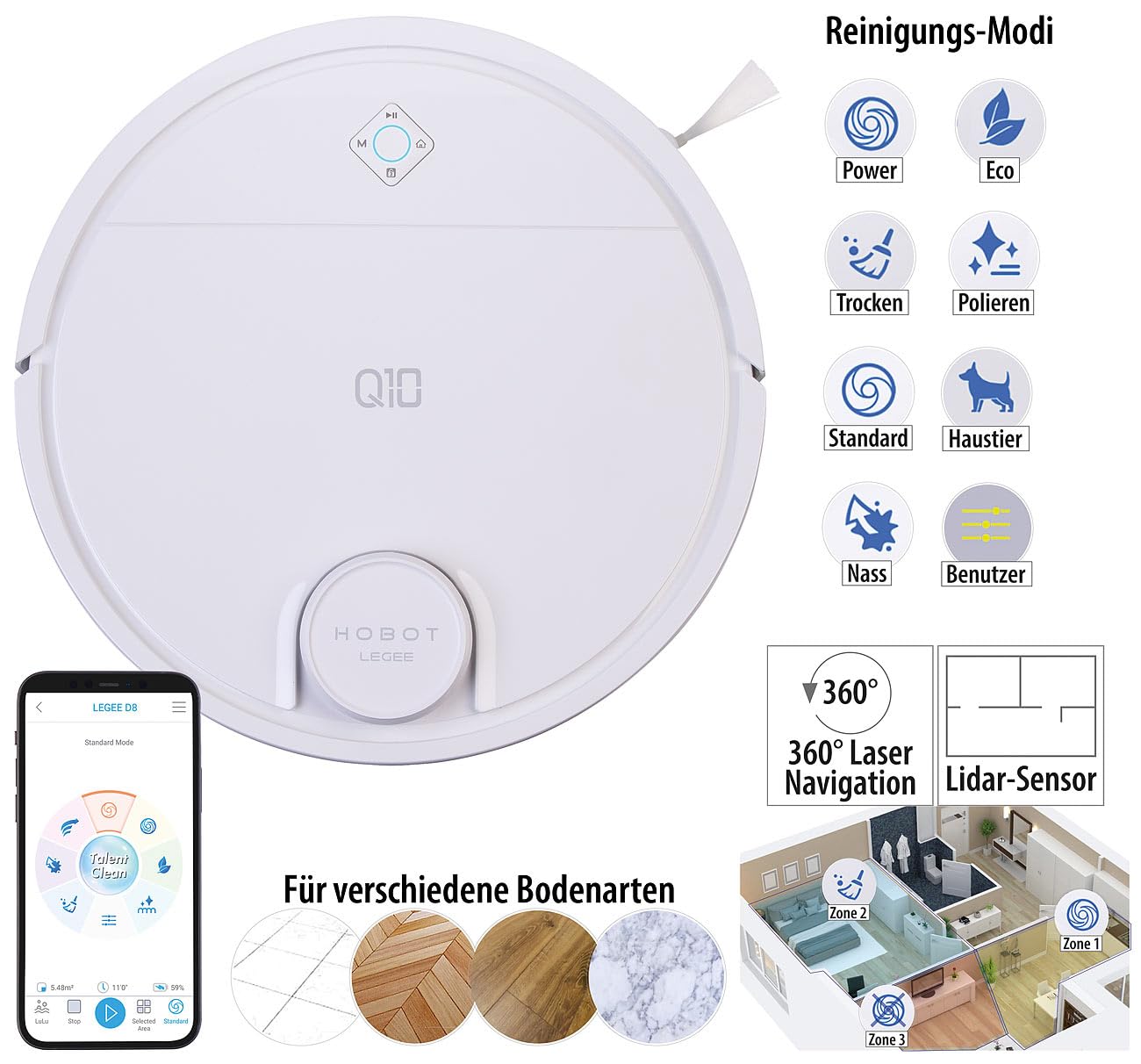 Sichler Haushaltsgeräte Staubsaugerroboter: HOBOT LEGEE Q10 Multiroom-Wisch- und Saugroboter, WLAN, Lidar, 5000 Pa (Saugroboter mit Ladestation, mit Sprühfunktion, iPad)