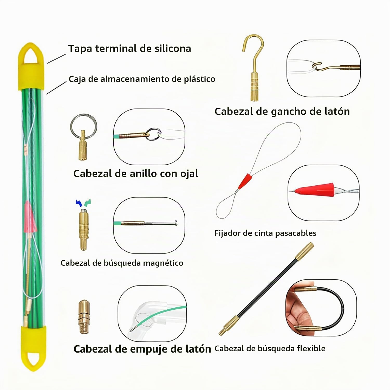 Guia Pasacables Profesional,4MM 33CM 10 Varillas de Guia Pasacables, 4MM 30M TOOSOAR Dispositivo para Tirar Cables, Verde