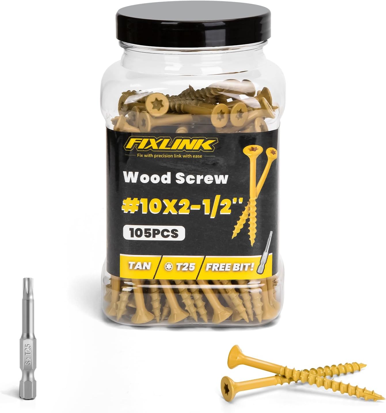 Wood Screws 2-1/2 Inch, FIXLINK Deck Screws #10 x 2-1/2", 105 PCS, Epoxy Coated, T25 Star Bit Above 1500 Hour Salt Spray Coating Outdoor Decking Screws Excellent Rust Resistant for Outdoor Wood Fence