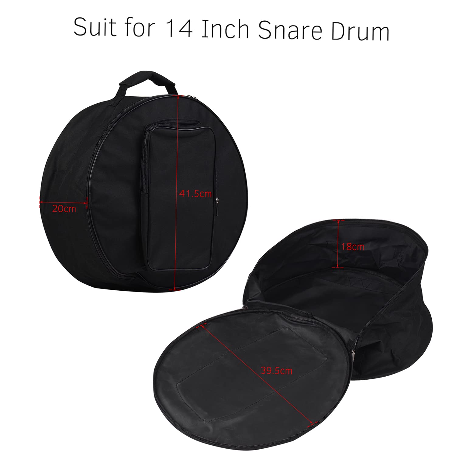 SEAFRONT Case de Mochila de Tambor Negro, Bolsa de Batería de 14 Pulgadas con Tela de Nylon Correa de Hombro, Bolsillos Exteriores para Palitos de Batería Libro de Música Protectora (Black)