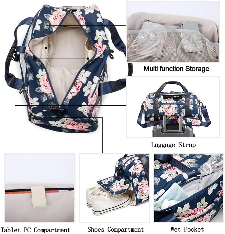 Kinmac Women's Travel Duffel Bag,Sports Gym Yoga Duffel Bag Weekender Overnight Totes Bag with Shoes and Wet Compartment (Rose Blue) - Image 3