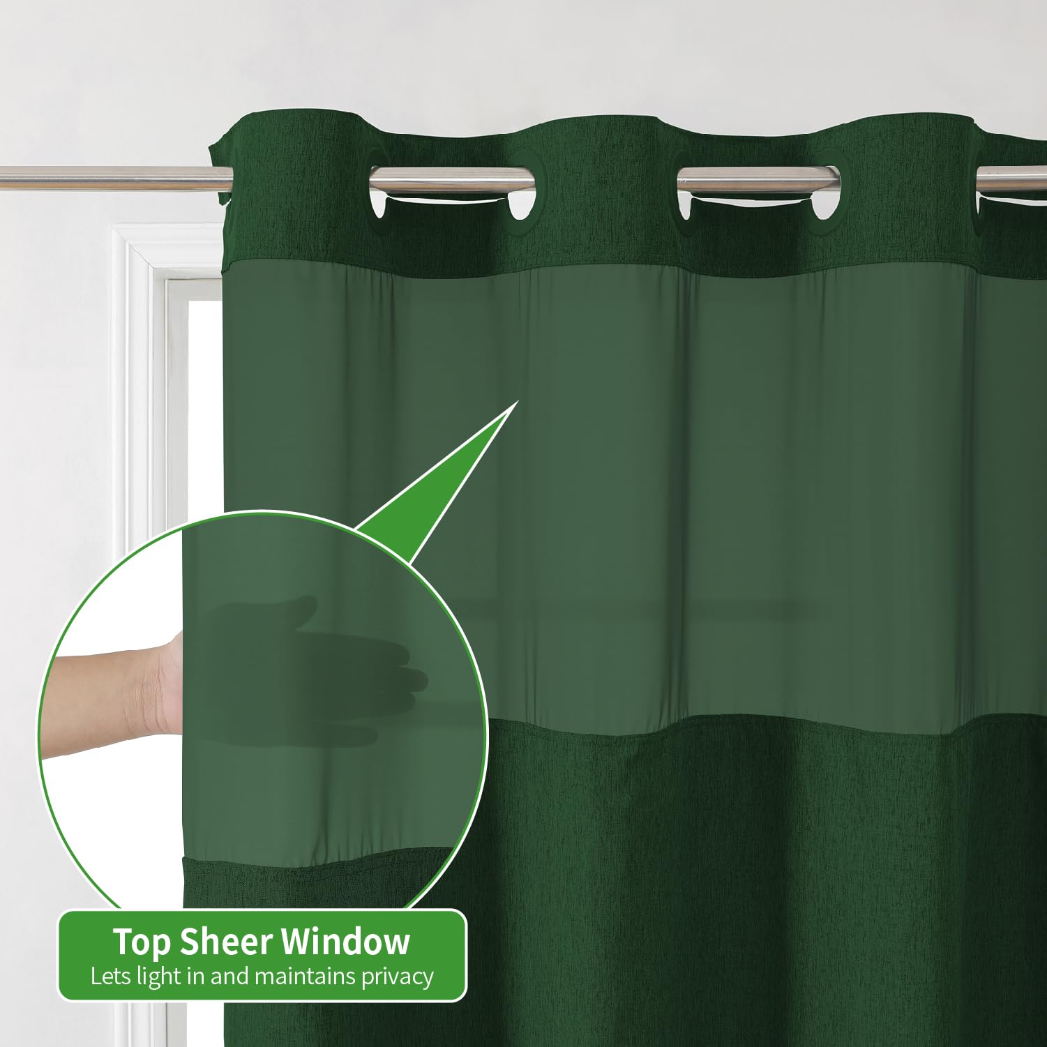 eachope Juego de cortina de ducha con textura de lino sin necesidad de ganchos con forro de tela a presión, cortinas de ducha de lujo para hotel y decoración de baño con ventana superior de malla