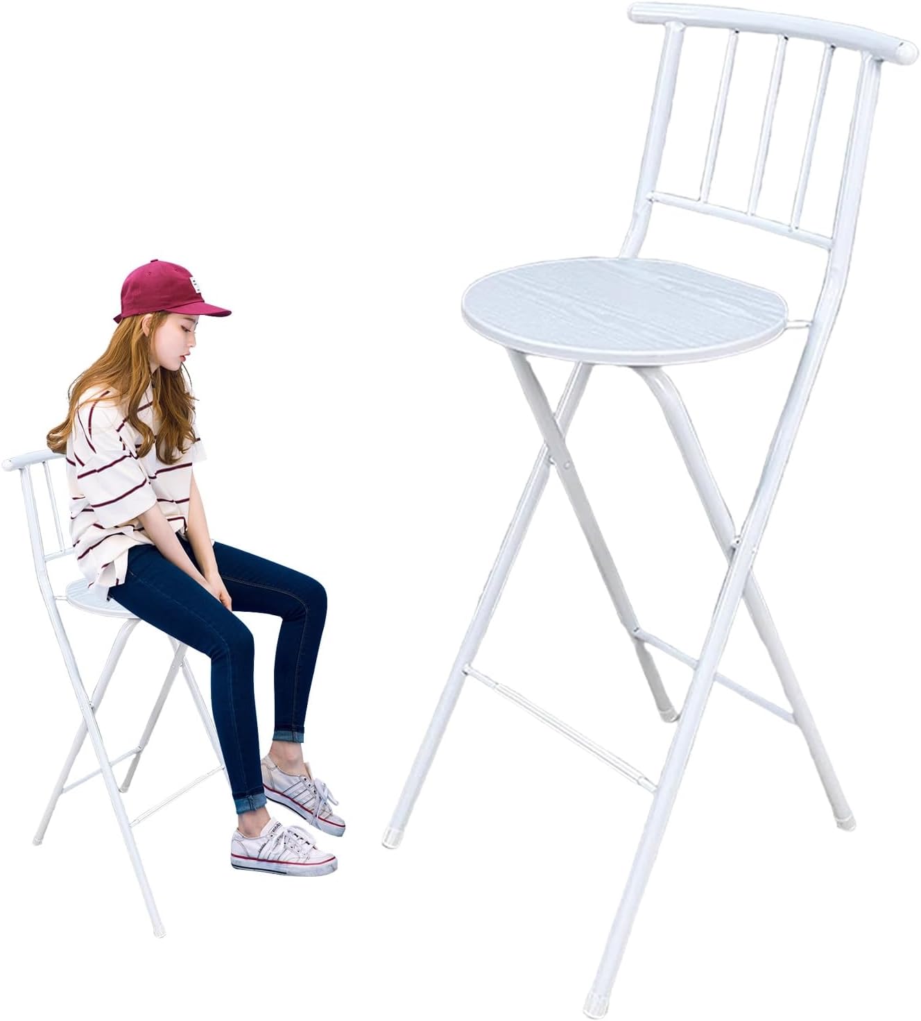 Portable Folding Stool with Backrest, Foldable Breakfast High Chair Wood Seats, 26in/30in Height Footrest for Adults Office Kitchen Island (Color : White, Size 65cm/26i (White 7