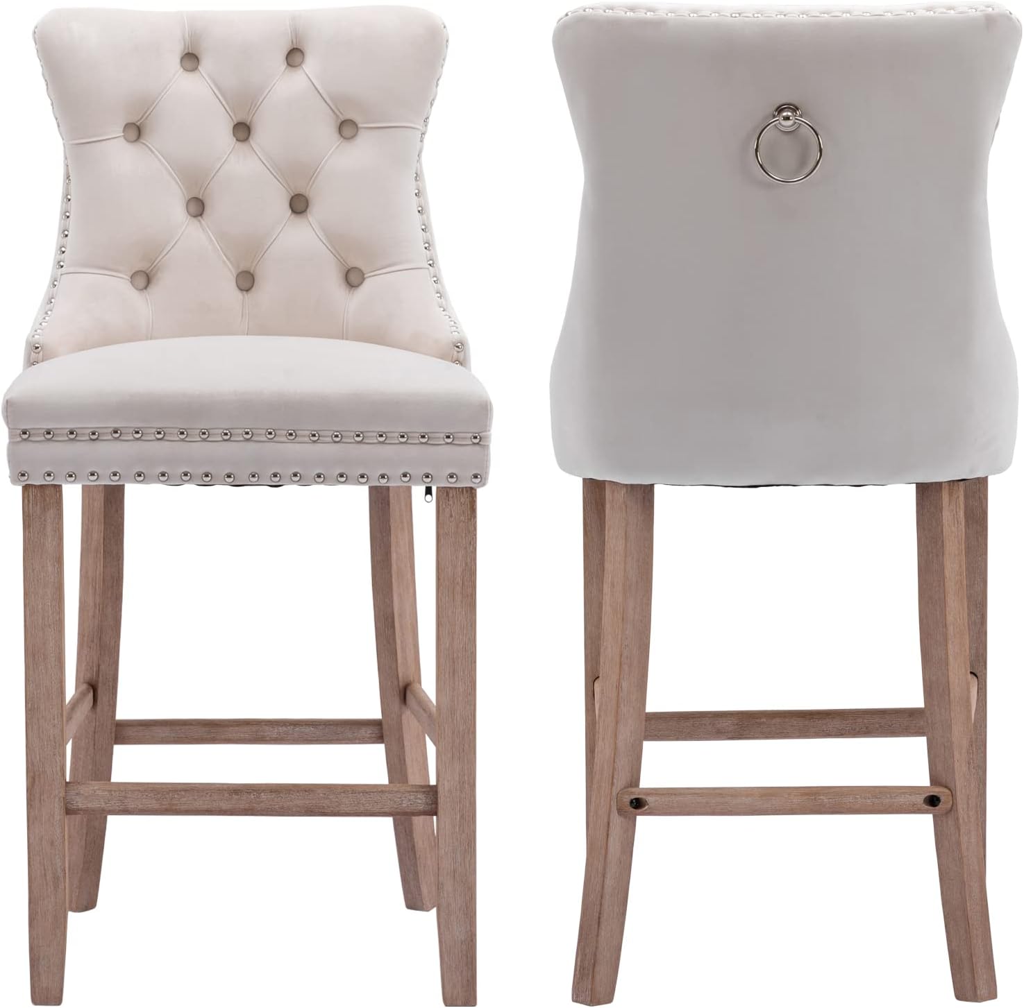 Counter Height Bar Stools Set of 2, Bar Stools with Back and Sturdy Solid Wood Legs, 26.3” Seat Height Velvet Upholstered Bar Chairs, Button Tufted & Nailhead Trim, for Kitchen Island, Beige