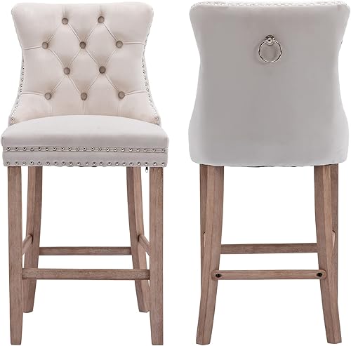 Miniatura 17 de Juego de 2 taburetes de bar con altura de mostrador, taburetes de bar con respaldo y patas de madera maciza resistentes, sillas de bar tapizadas de