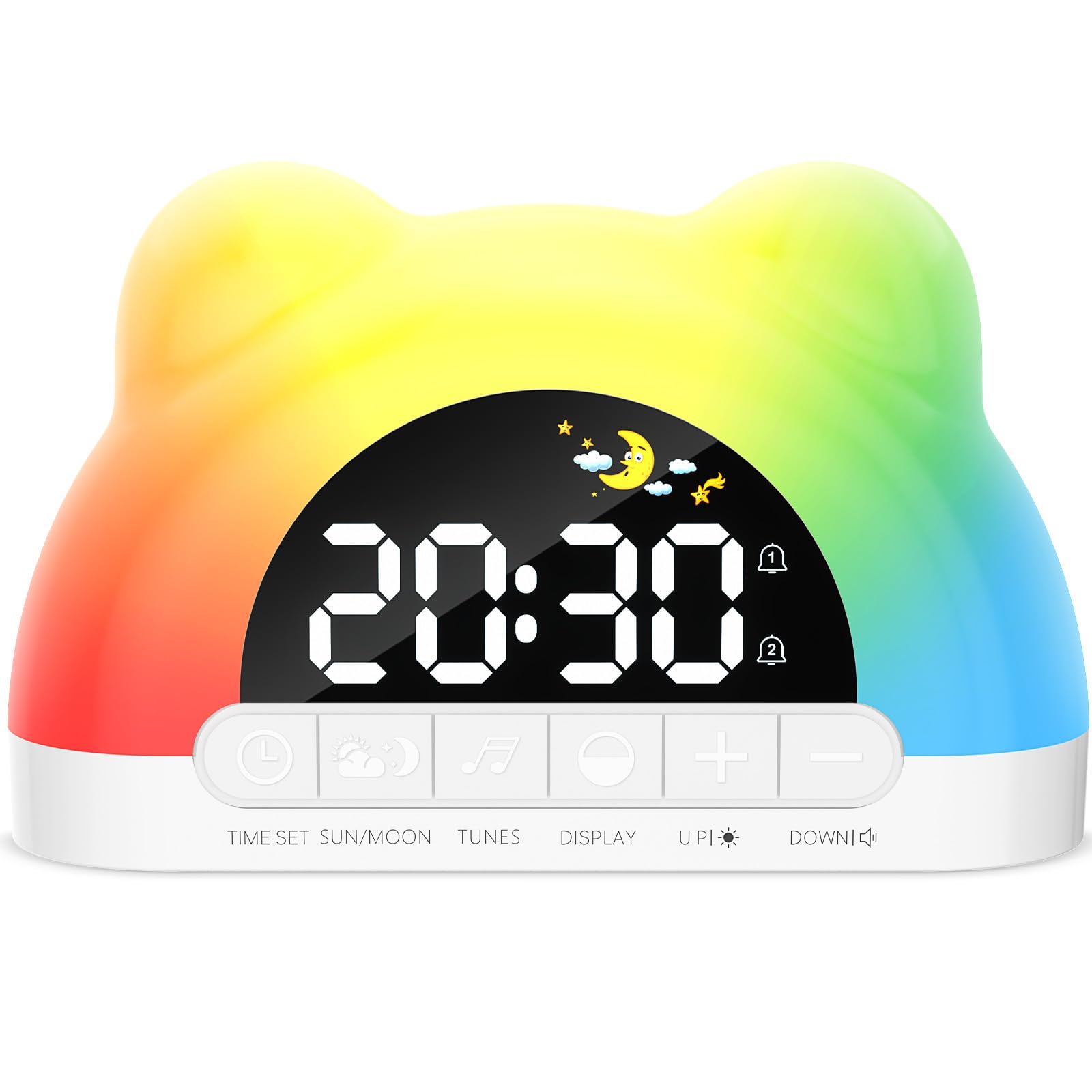 Reveil Enfant Educatif Jour/Nuit, Réveil Enfants avec 11 Effets de Lumière, Comprend Une Luminosité Automatique de l’Écran, Réveil Numérique pour Garçons Filles, Deux Alarmes, Chambre D'enfant