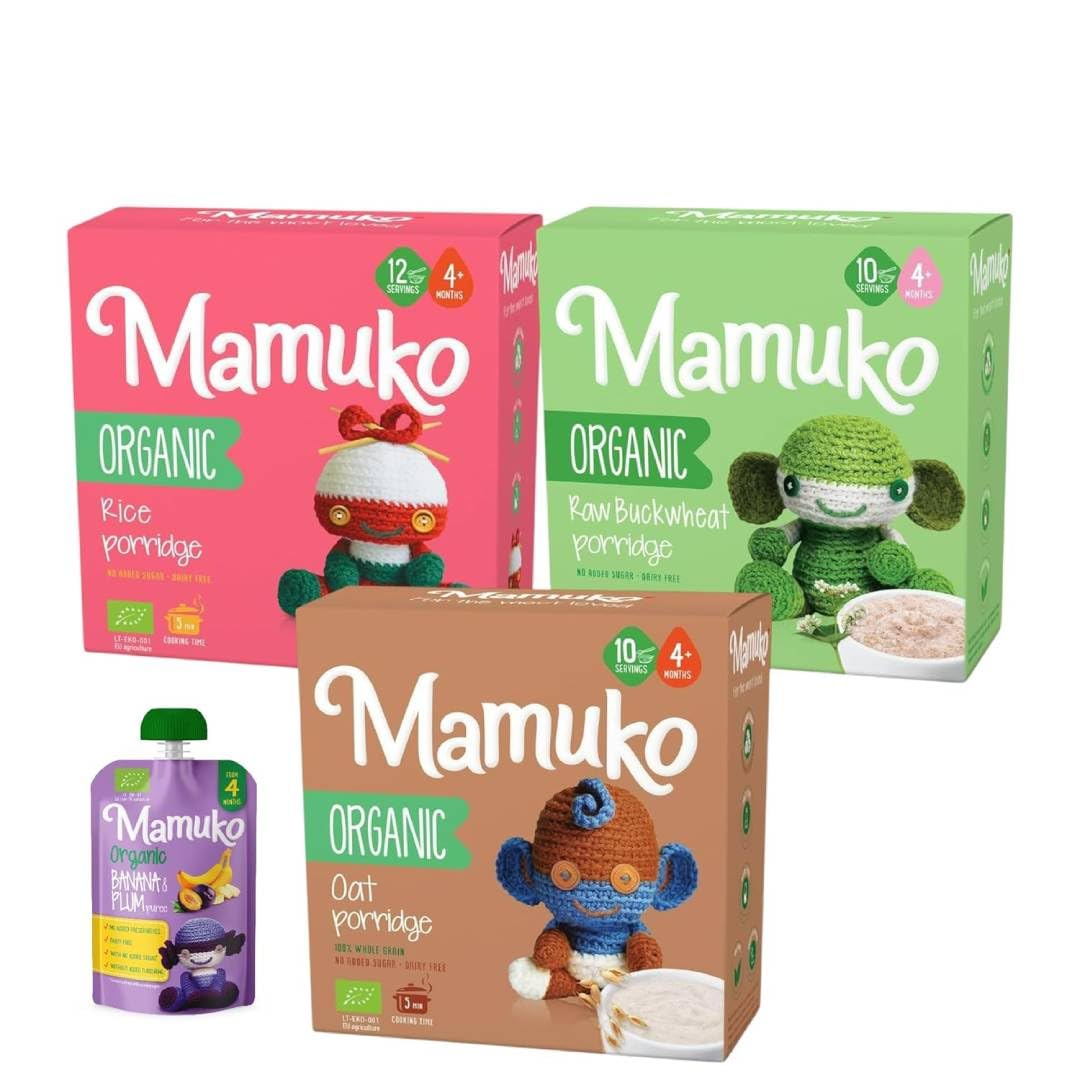 MAMUKO Organic Porridges 3 Pack Combo- Rice, Raw Buckwheat and Oat Porridge with No Added Sugar, Milk & Preservatives - High Fiber Porridge Developed with EU Experts - Healthy Porrage Ideal for Little Ones from 4+ Months - 10 to 12 Servings each pack