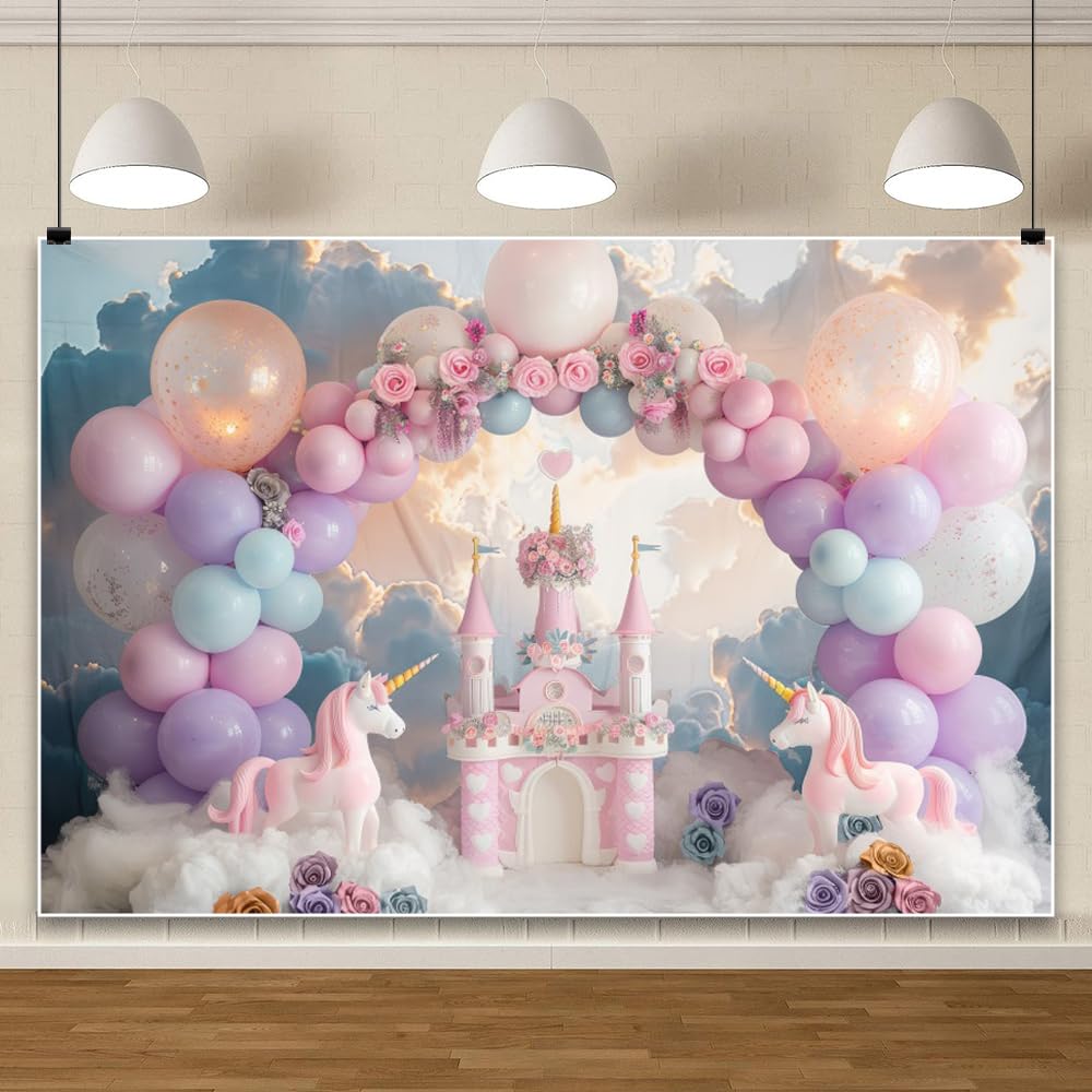 Sfondo compleanno unicorno 6x3m Arco di palloncini Castello Bambini 1° Compleanno Fotografia Sfondo Neonato Ragazzo Ragazza Baby Shower Festa Decorazione Banner Studio Ritratto Prop
