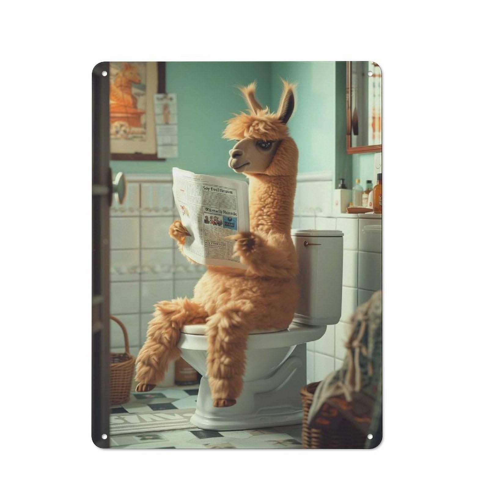 Junmoney Alpaca Sitting On Toilet Shop Front Style Cafe Metal Sign 40X30cm Featuring Restaurant Wall Art For Takeaway, Bar, Kitchen Or Counter Area