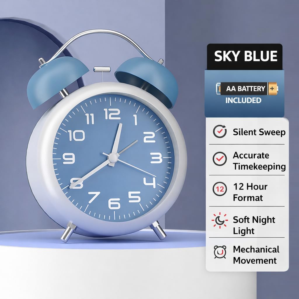 Netora Analog Twin Bell Alarm Clock with Silent Sweep Movement, Metal Bell Design, Sky Blue, Tabletop Use (Blue) 4