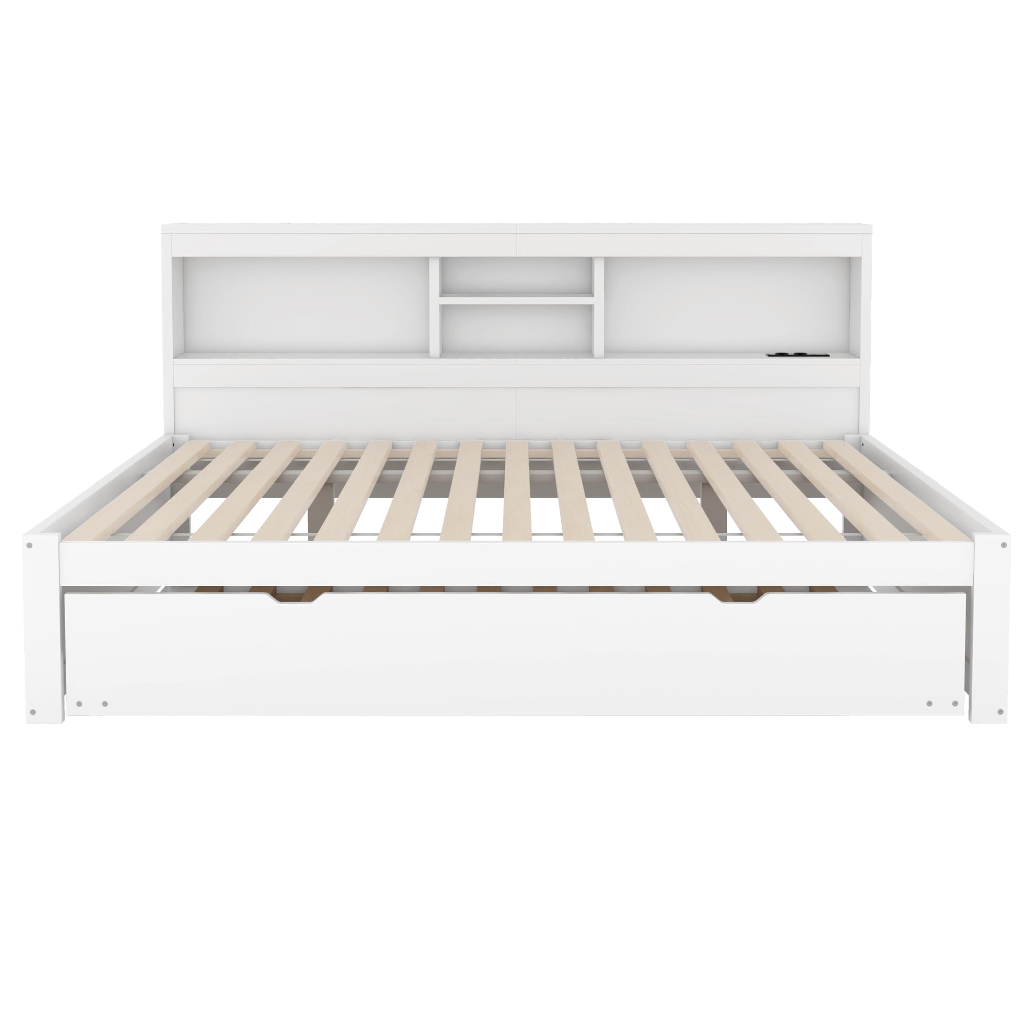 Gegtuon Doppelbett Holzbett 140x200 mit LED-Licht & USB-Buchse für Kinder, Jugendbett Funktionsbett mit Ausziehbares Bett und Stauraum Regal, Bettgestell mit Lattenrost aus Holz, ohne Matratze, Weiß
